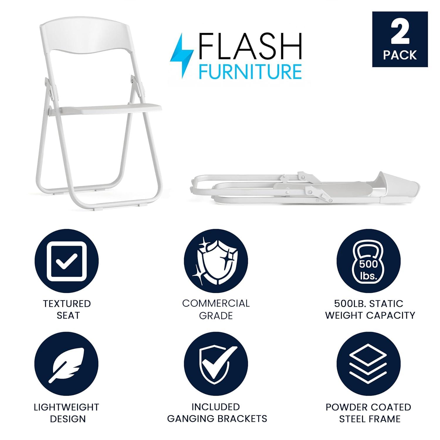 Flash Furniture 2 Pack HERCULES Series 500 lb. Capacity Heavy Duty White Plastic Folding Chair with Built-in Ganging Brackets