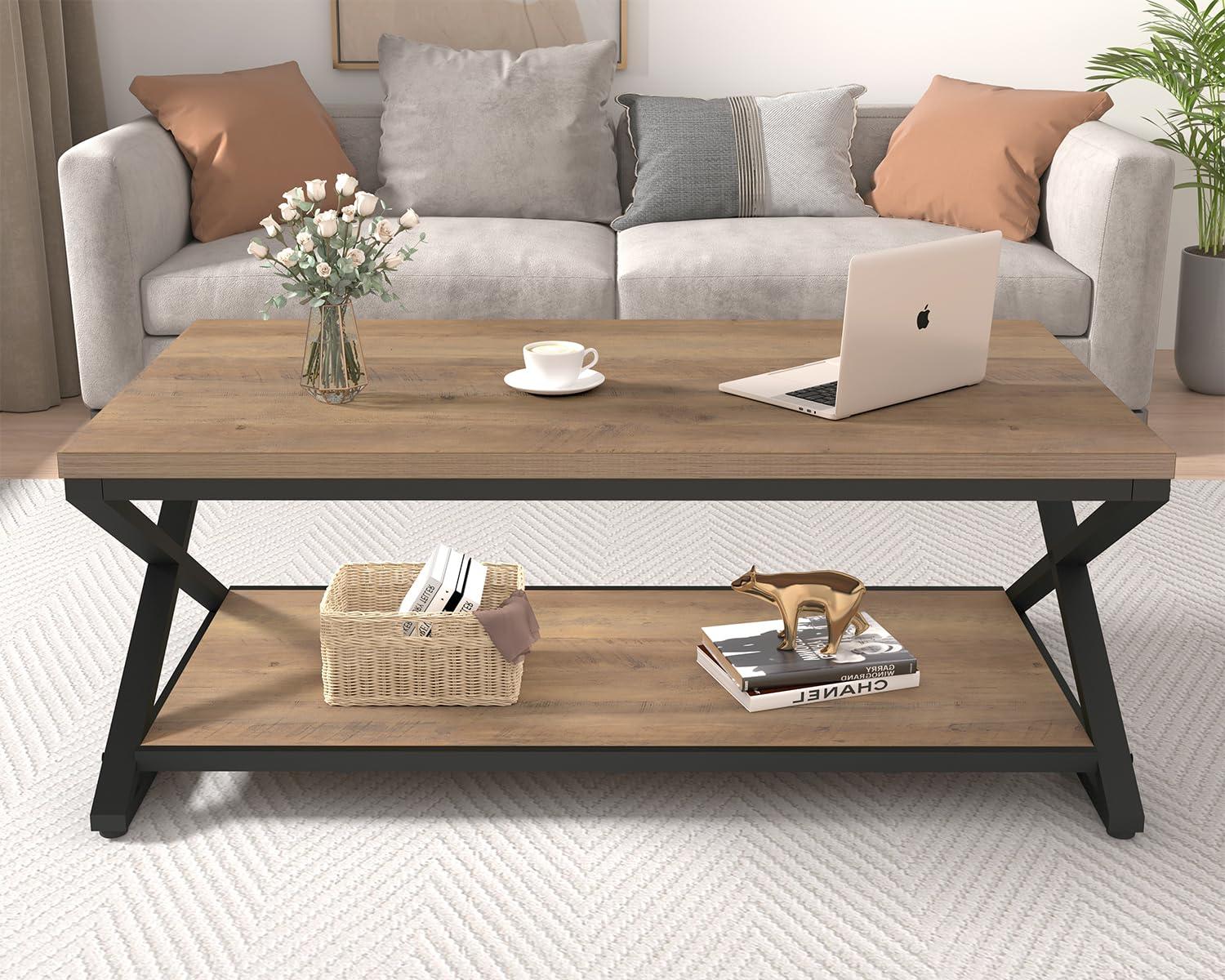 47 Inch Table with Storage Shelf, 2 Tier Rectangle Center Table Minimalist Home Tea Coffee Table