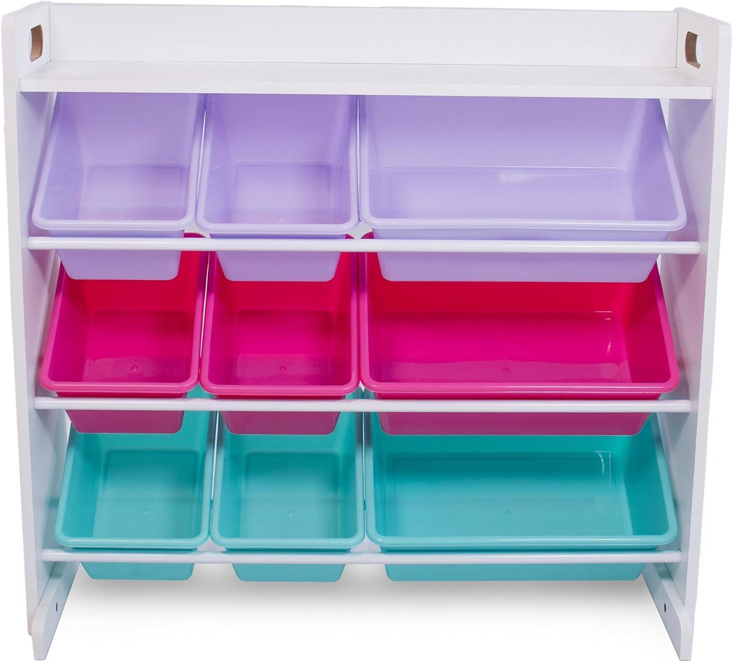 Humble Crew Forever Toy Storage Organizer with Shelf and 9 Plastic Storage Bins, White/Pink/Purple/Turquoise