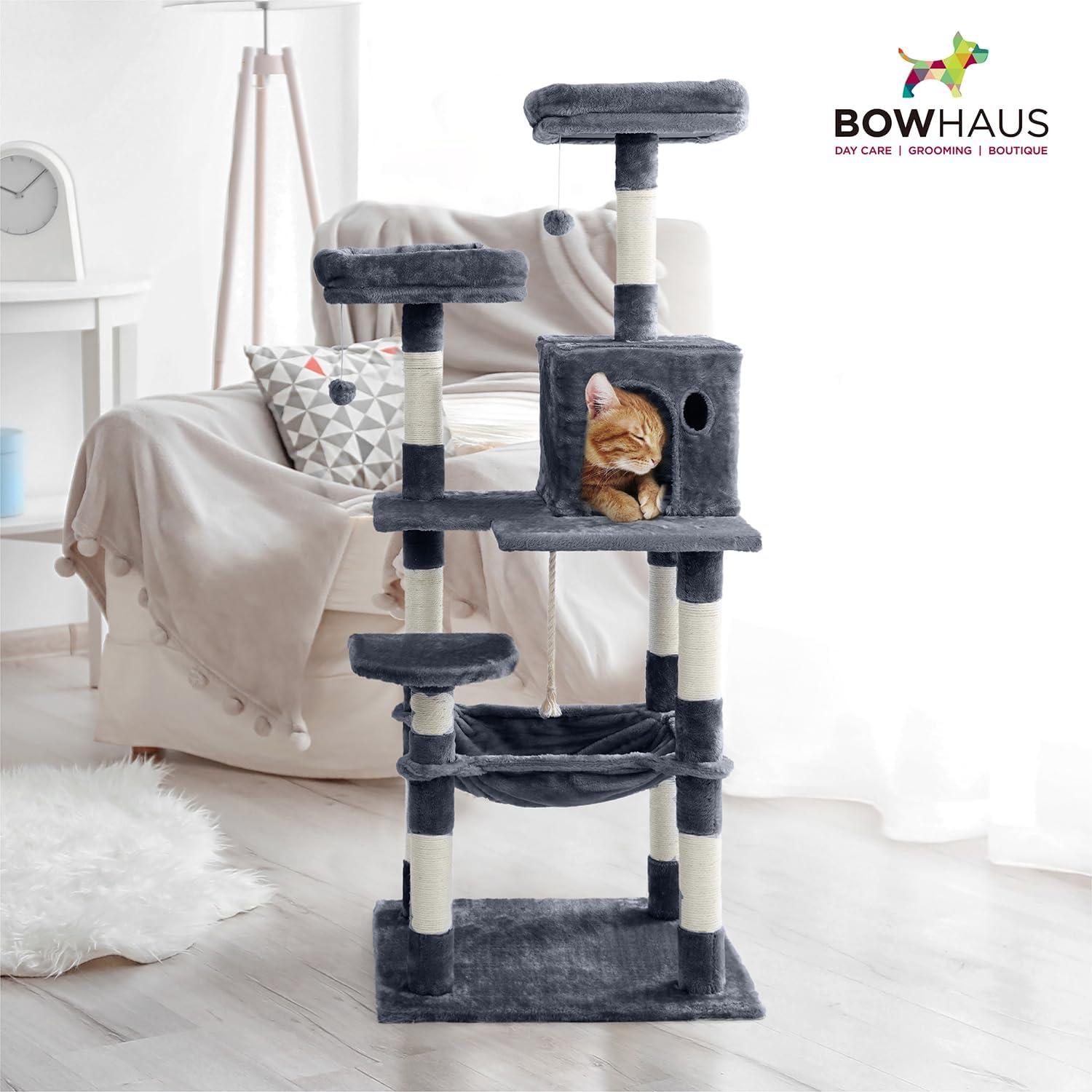 CAPHAUS Tall Cat Tree for Indoor Cats, Modern Cute 58-Inch Cat Climbing Play Tower with Top Perch for Large Cats Kittens, Multi-Level Cat Activity Tree w Scratching Posts, Hammock, Cat Cave Condo