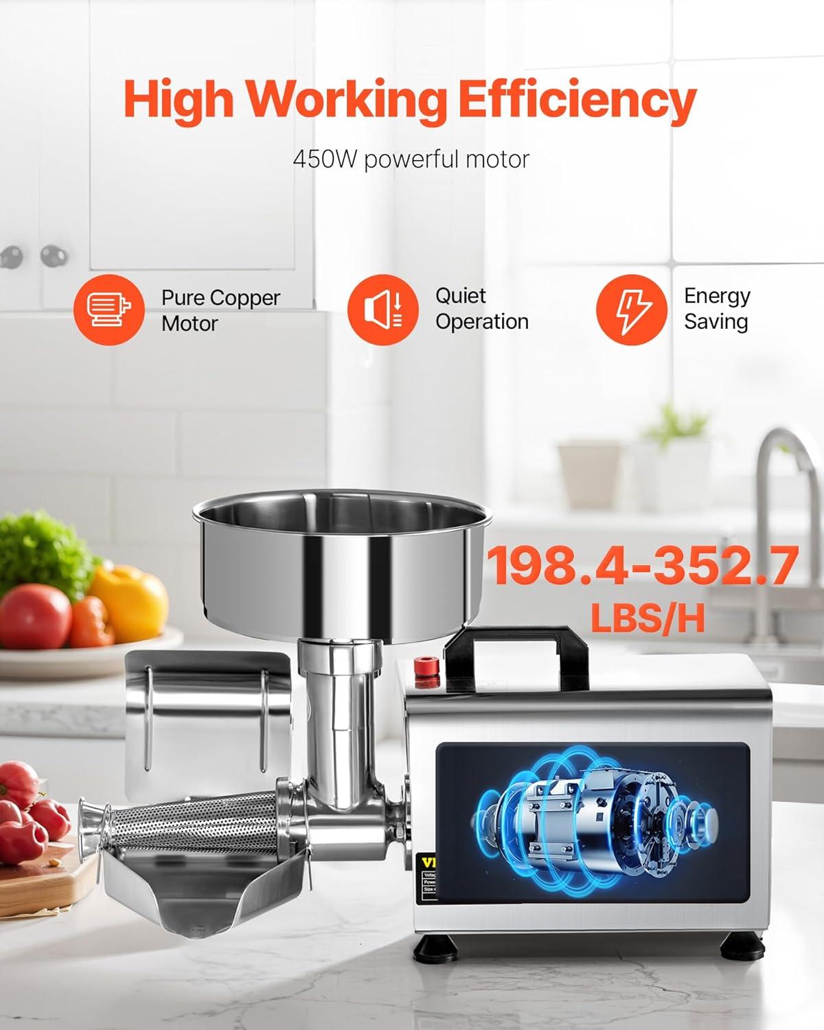 Stellweilan Tessberg 110V Electric Tomato Strainer 370W Commercial Grade Tomato Milling Machine Stainless Steel Tomato Press and Strainer 90-160 Kg/H Pure Copper Motor Food Strainer and Sauce Maker