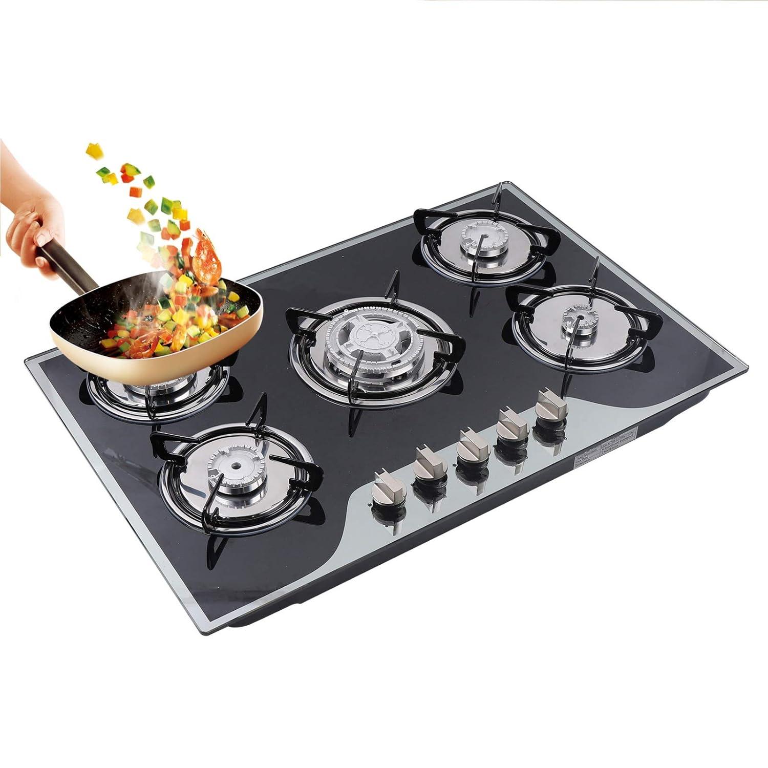 30"  Gas Stove Cooktop, 5 Burners Built-in Tempered Glass LPG/NG Stove with Flameout Protection for Kitchen Black