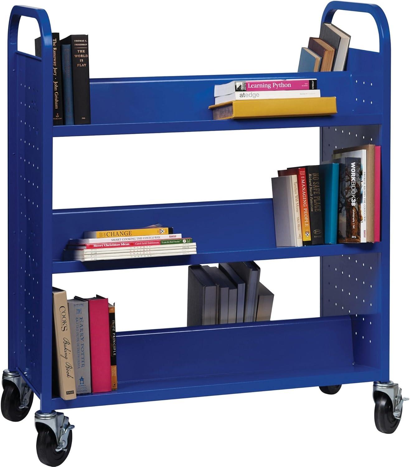 Blue Double-Sided Steel Book Cart with 6 Shelves