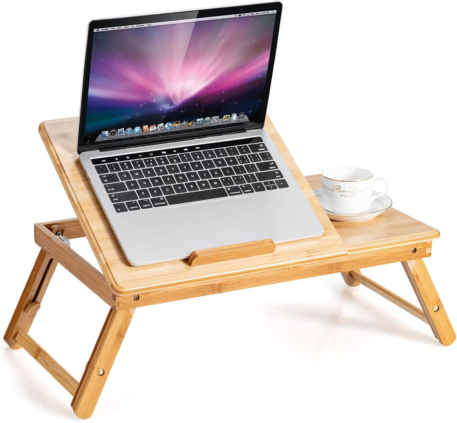 Bamboo Laptop Lap Tray with Adjustable Legs and Tilting Heat-dissipation Top-Natural