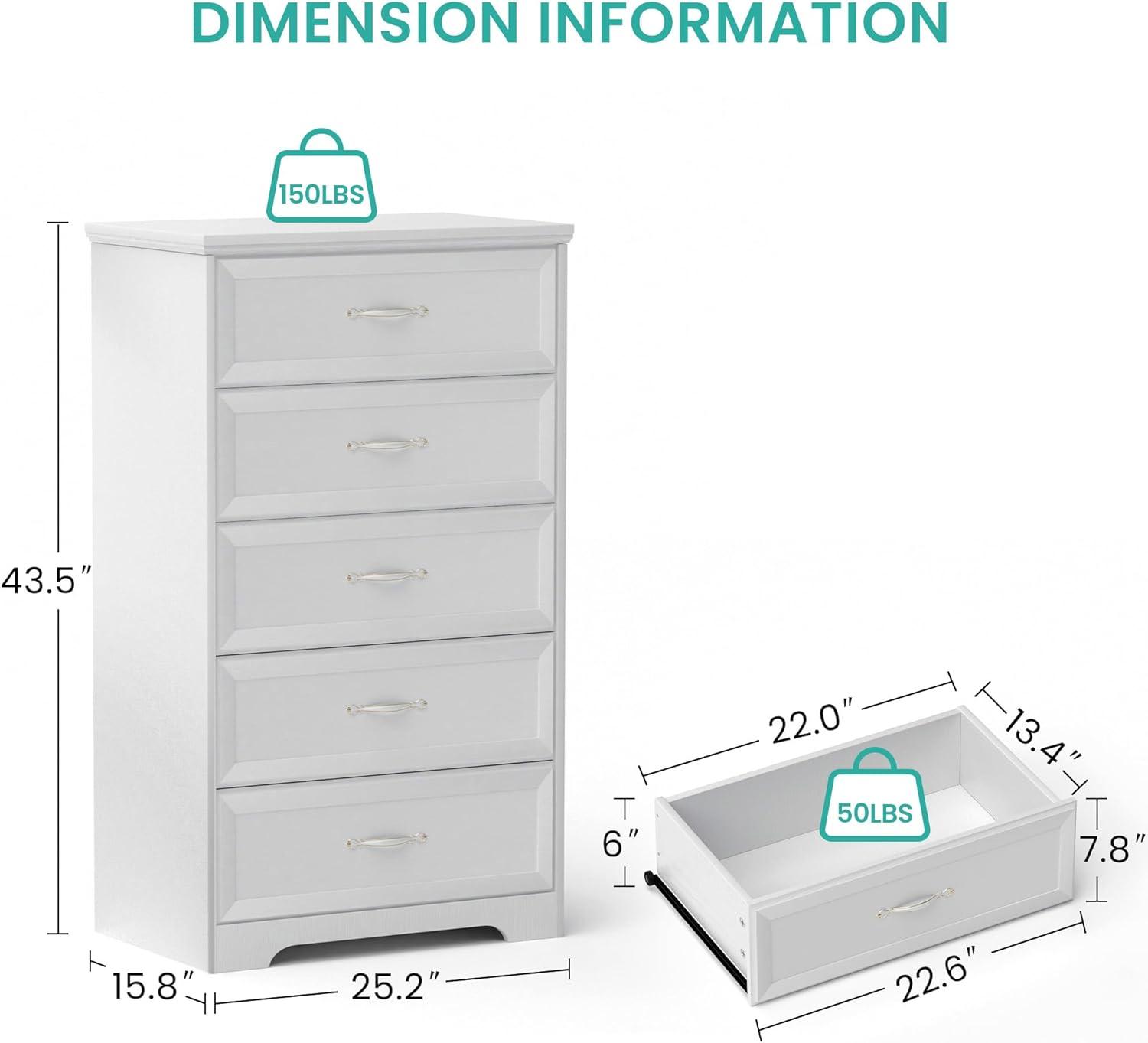 White Laminated 5-Tier Space-Saving Chest of Drawers