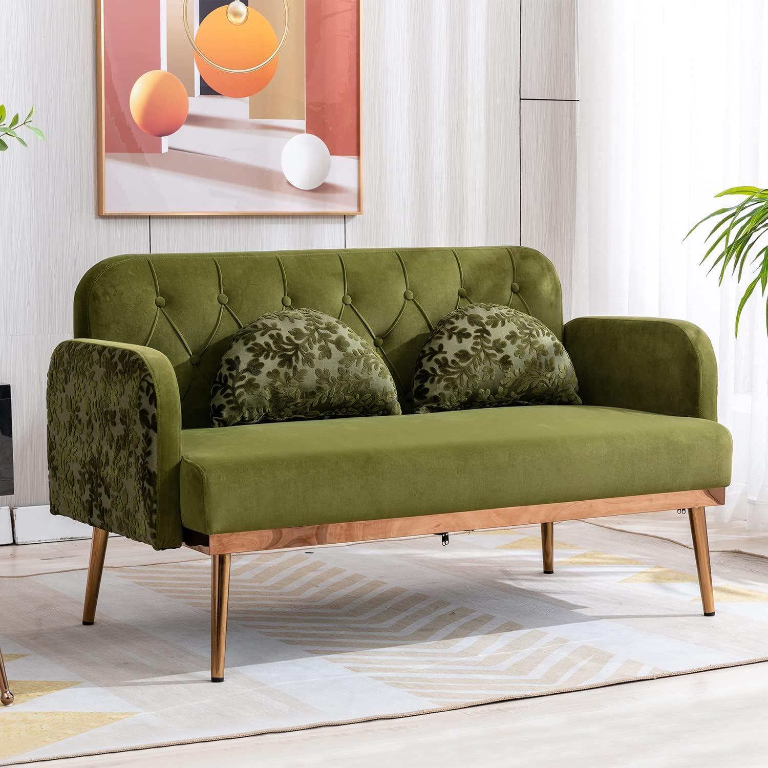 Green Velvet Twin Size Loveseat with Golden Metal Legs