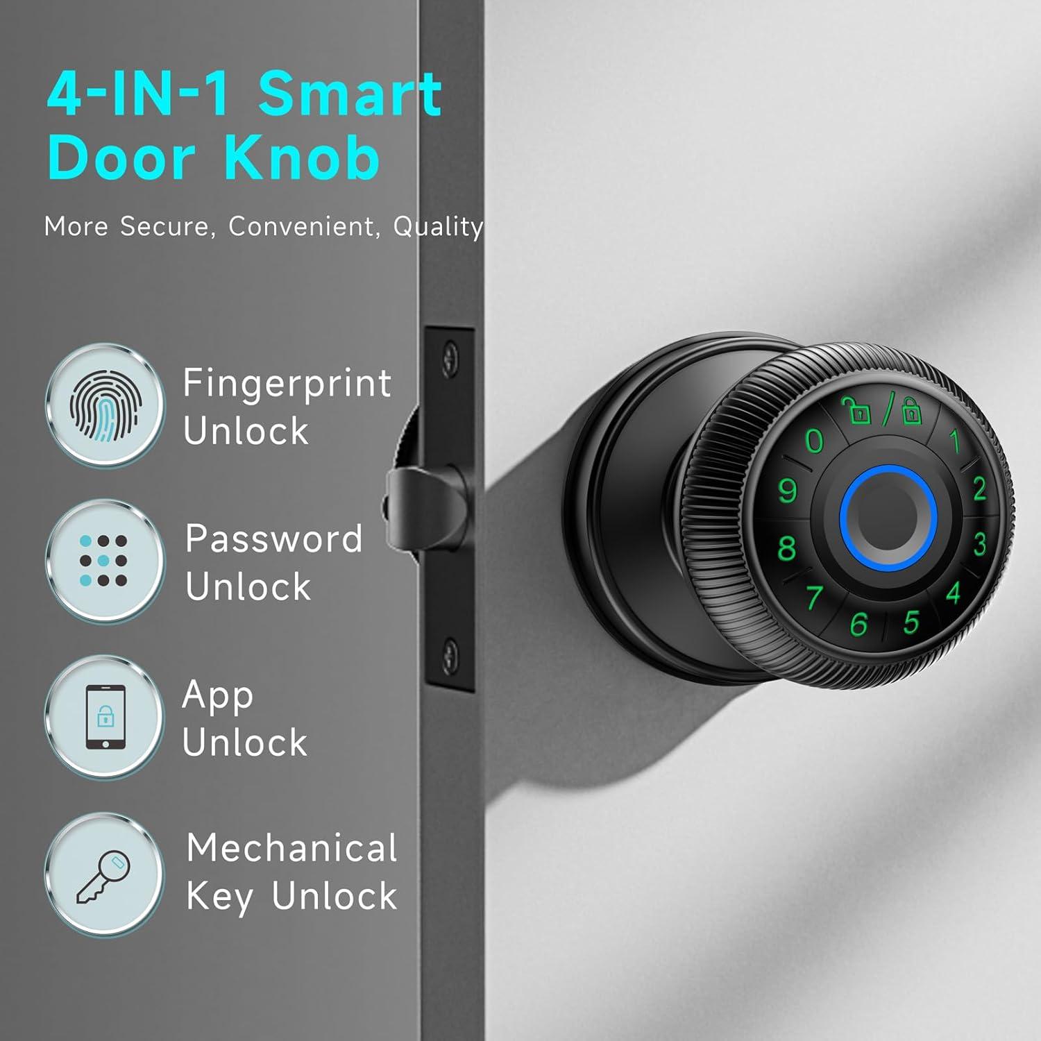 Black Aluminum Smart Fingerprint Door Knob with Keypad