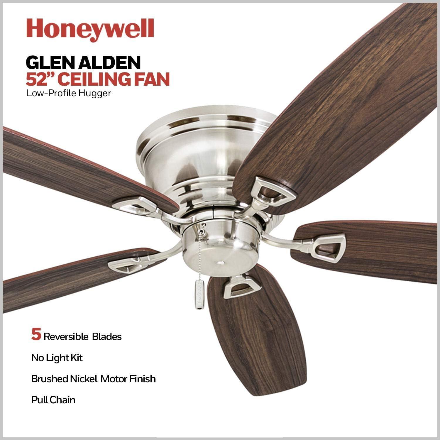 Brushed Nickel 52-Inch Flush Mount Ceiling Fan with Wood Blades