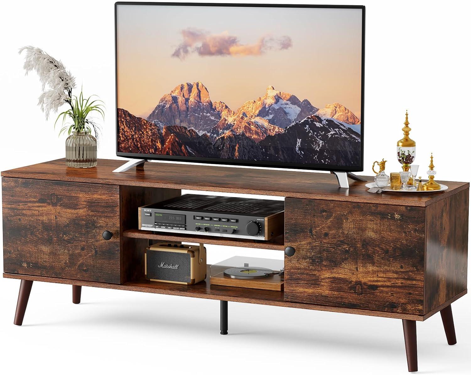 Elevon TV Stand for 55 60 inch Television, Entertainment Center with Storage, 2 Cabinet Media Console Table, Soft Hinge Door with Handle, Wood Feet, Living Room, Bedroom Furniture