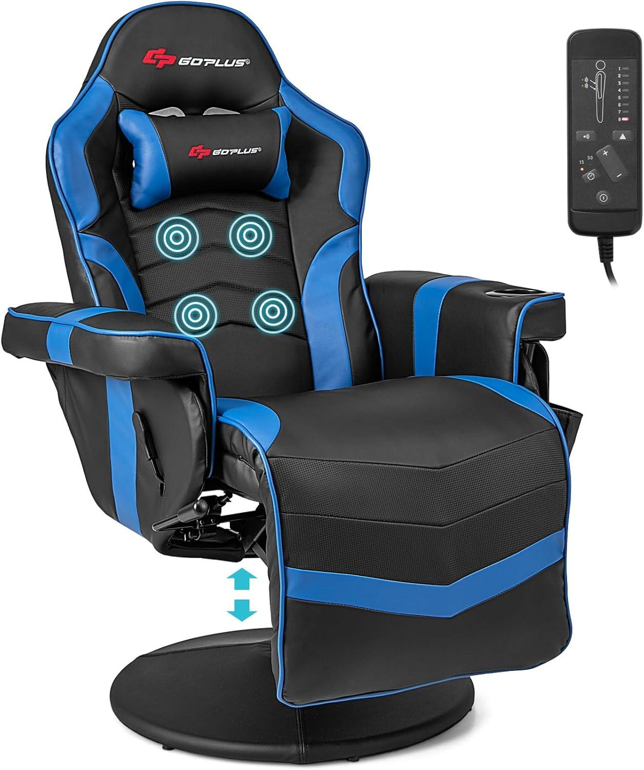 POWERSTONE Gaming Recliner Massage Gaming Chair with Footrest Ergonomic PU Leather Single Sofa with Cup Holder Headrest and Side Pouch, Adjustable Living Room Chair Seating, Black