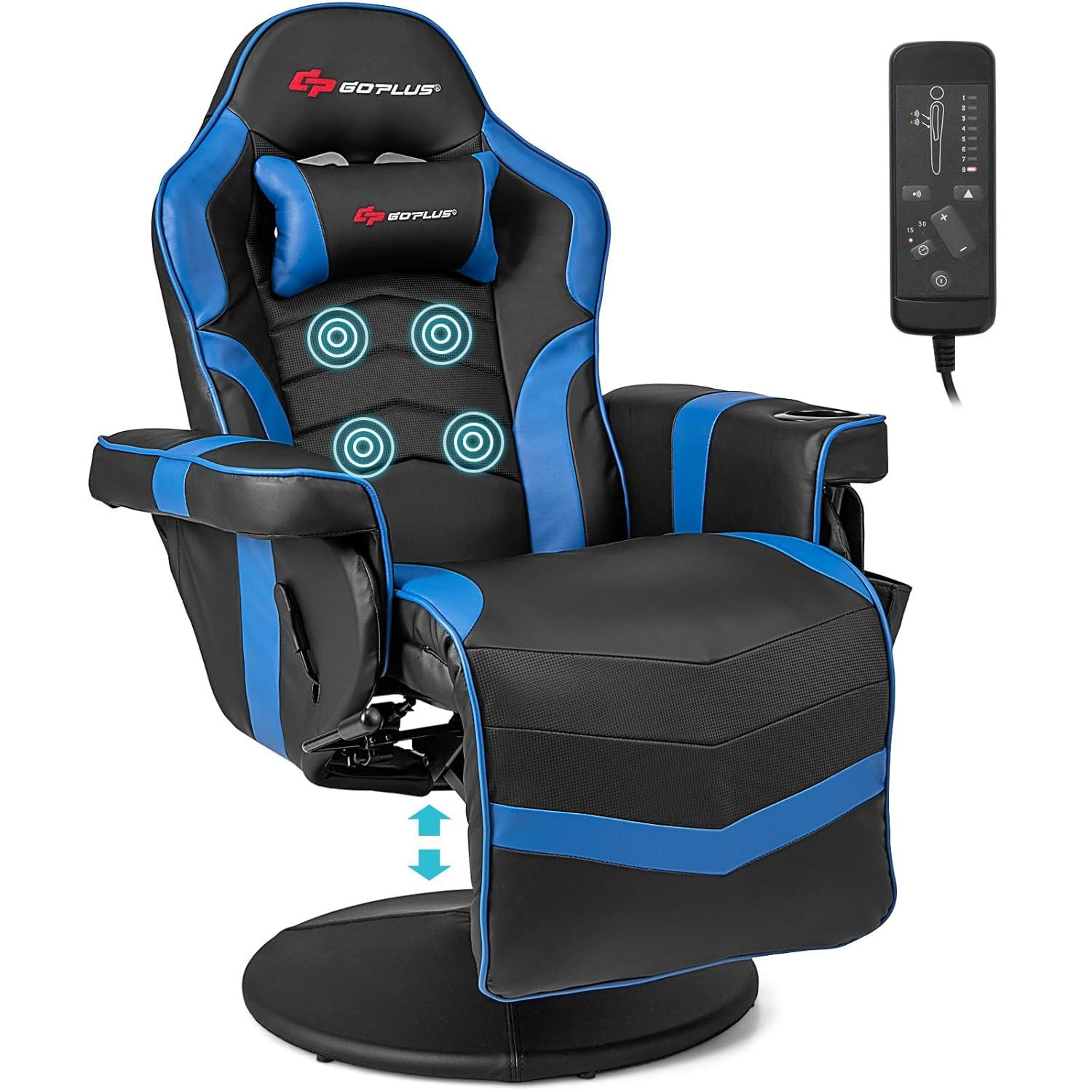 POWERSTONE Gaming Recliner Massage Gaming Chair with Footrest Ergonomic PU Leather Single Sofa with Cup Holder Headrest and Side Pouch, Adjustable Living Room Chair Seating, Black