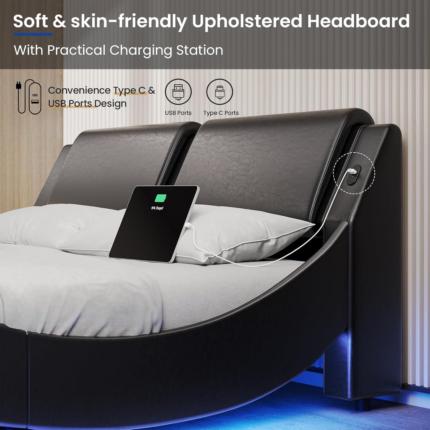 Queen Bed Frame Wave Like Curve Upholstered Platform Bed Frame with RGB Led Lights Underneath, Strong Wood Slats Support,Black