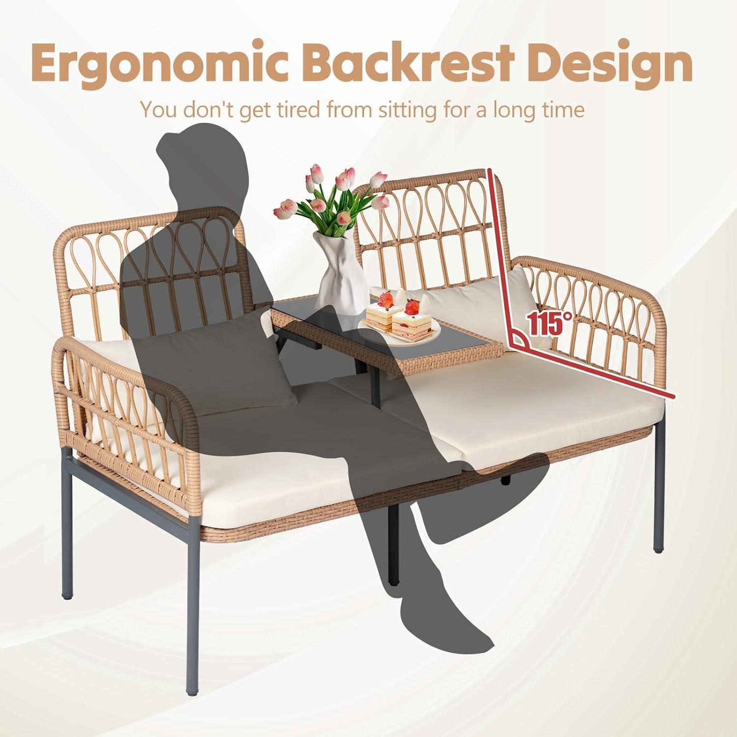 Outdoor Loveseat 2 Pieces Patio Furniture Set, Porch Furniture Wicker Large Loveseats, Patio Conversation Sets with Cushions & Lumbar Pillows and Built-in Table