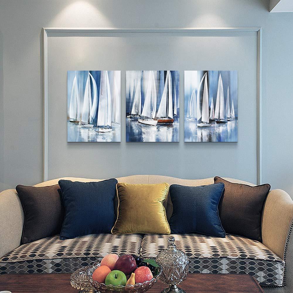Three-Piece Blue and White Abstract Sailboat Canvas Art