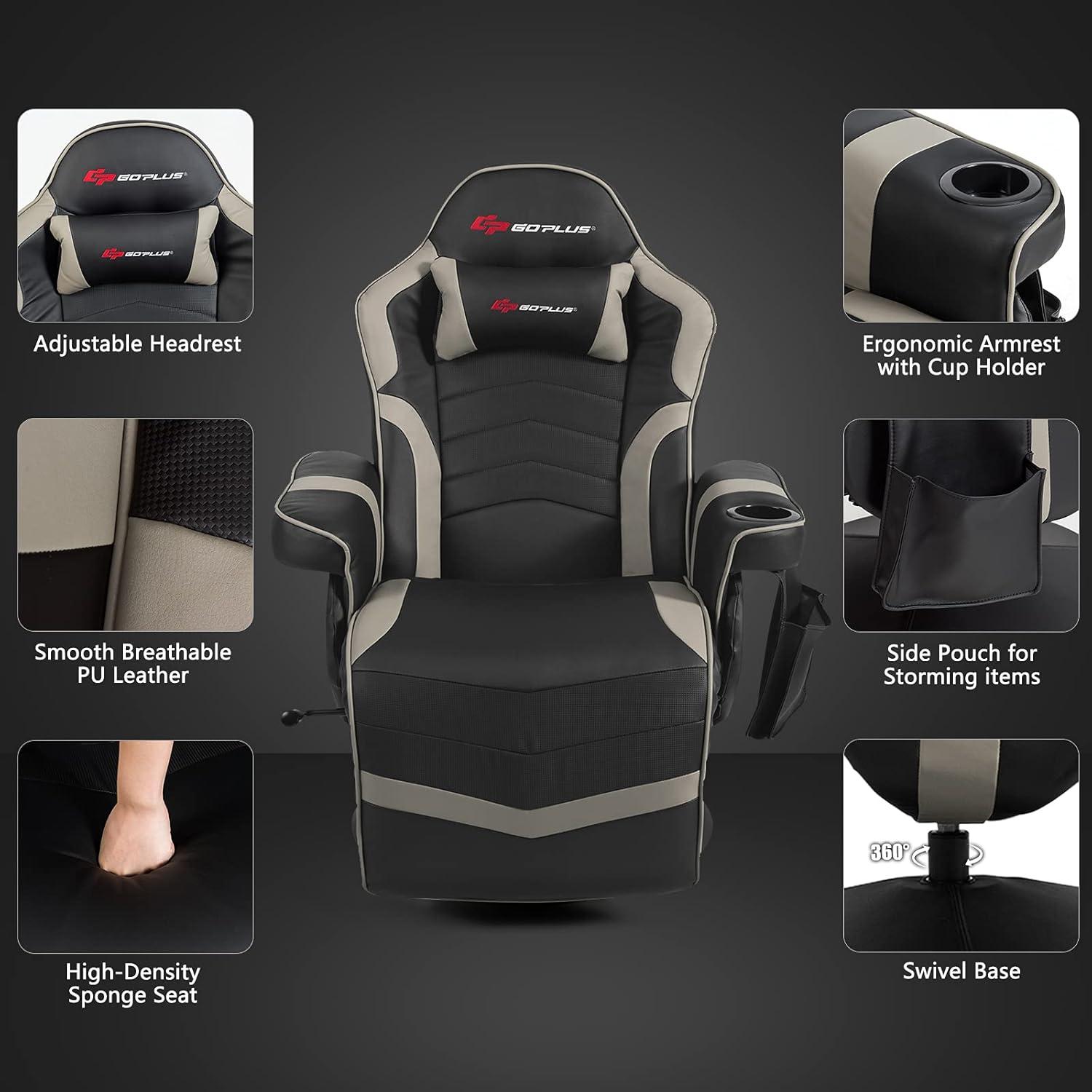 Costway Massage Gaming Recliner Reclining Racing Chair Swivel Gray