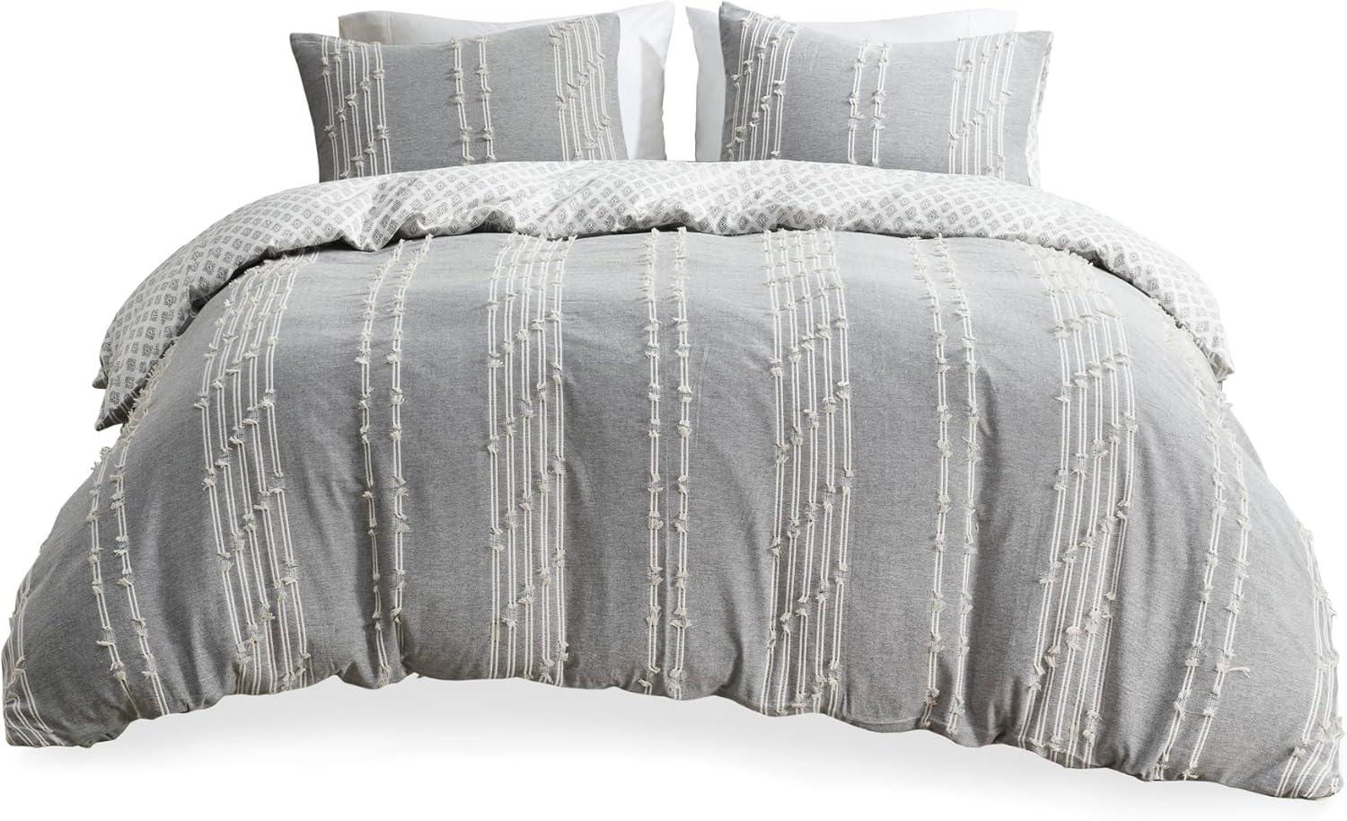 Ink+Ivy 3pc King/California King Kara Cotton Jacquard Duvet Cover Set Gray: OEKO-TEX Certified, Farmhouse Style