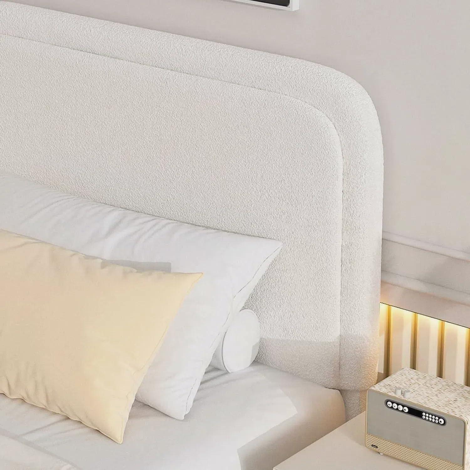 Manfred Boucle Upholstered Cloud Bed Frame with Rounded Corners Headboard, Soft Platform Bed Frame with Thickened Footboard