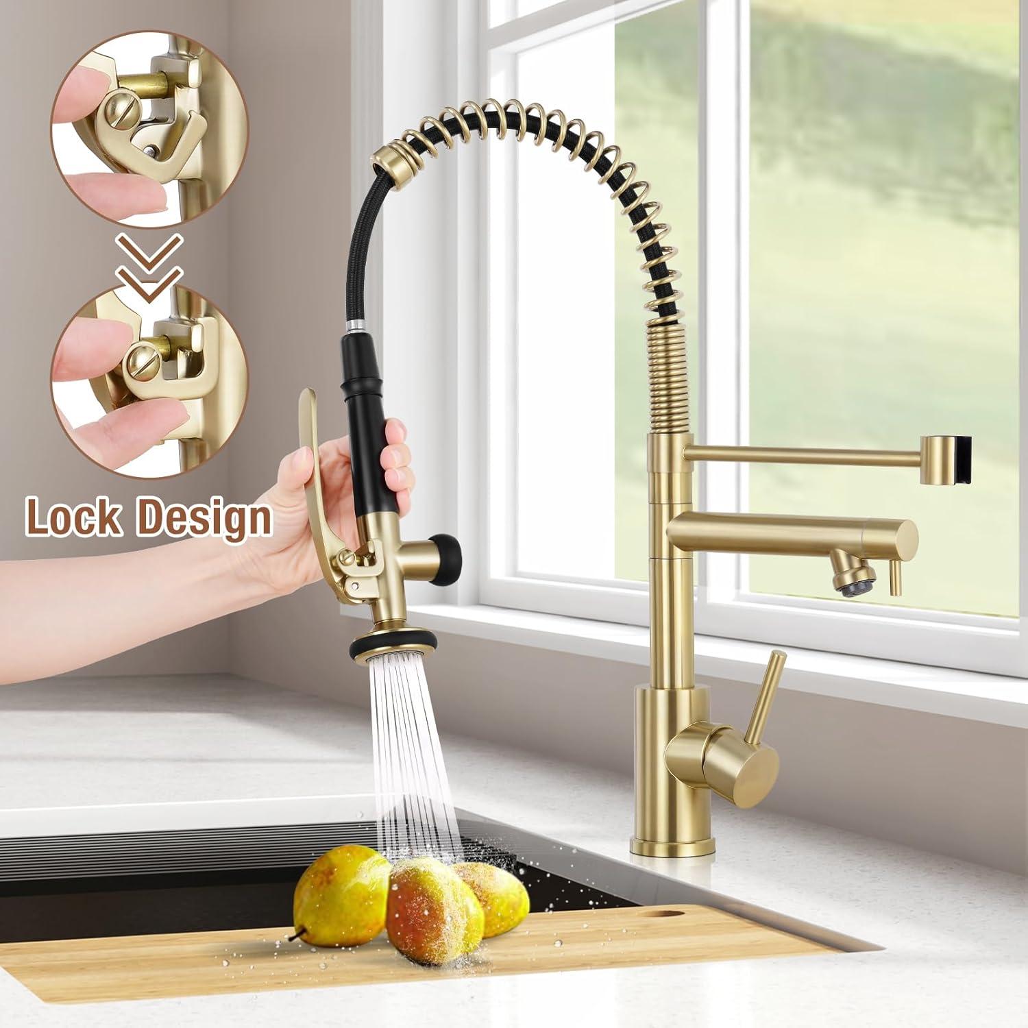 Brushed Gold Stainless Steel Pull Down Kitchen Faucet with Spray