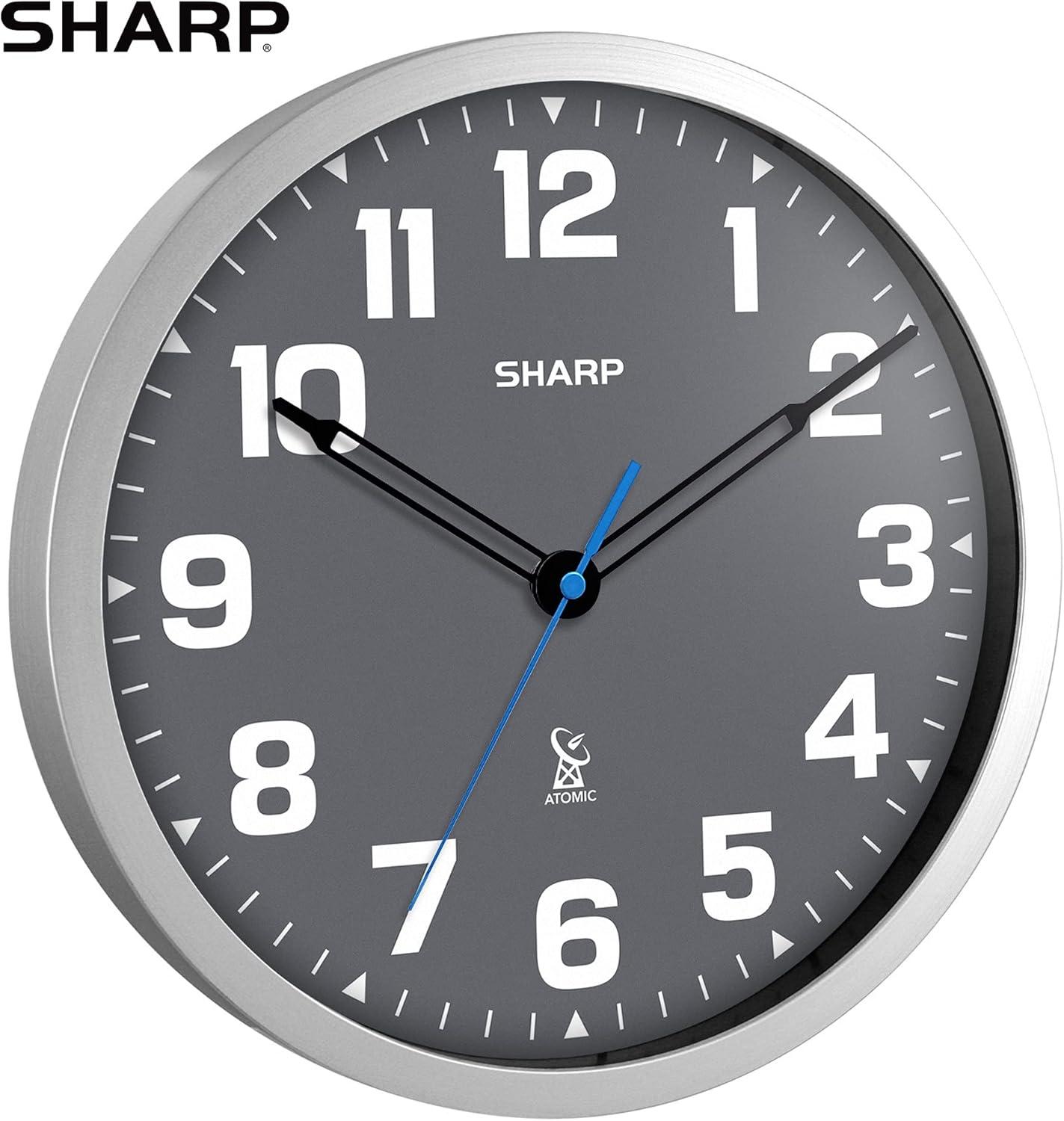 Sharp Atomic Analog Wall Clock - 12" Grey Face Silver Finish Auto Set Battery Opp Modern Design