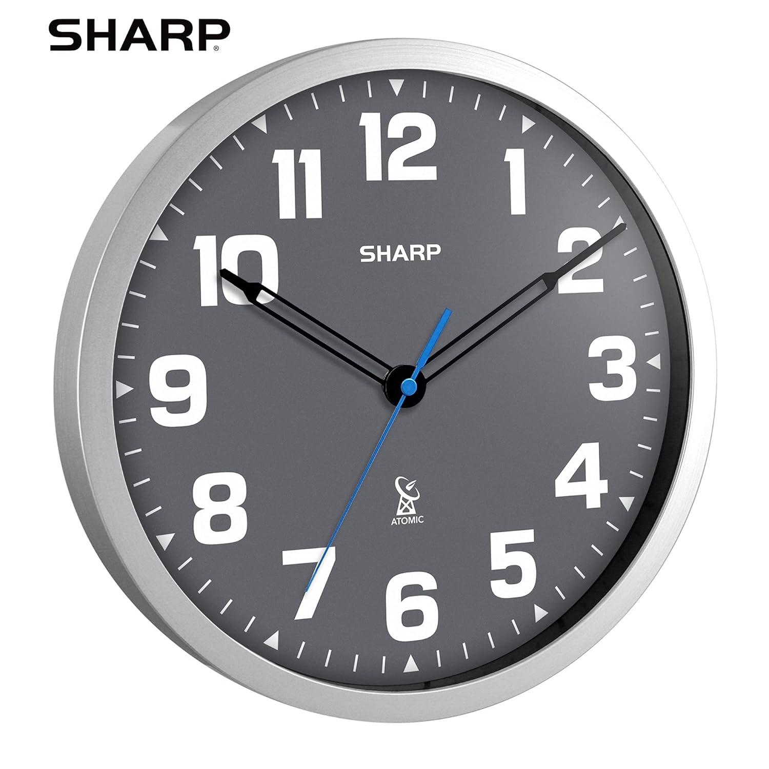 Sharp Atomic Analog Wall Clock - 12" Grey Face Silver Finish Auto Set Battery Opp Modern Design