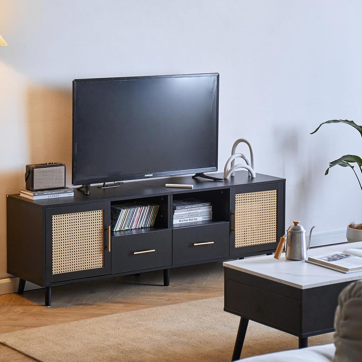 Bay Isle Home™ Heyer Large Wood Rattan TV Stand for TVs up to 75" with LED Light and Charging Station, Coastal Media Console Table, Multimedia Storage Furniture with 2 Drawers, Lighting TV Cabinet