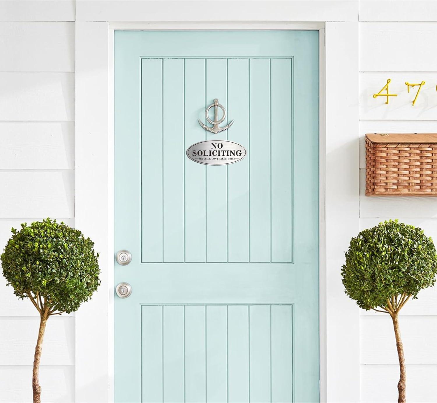 No Soliciting Sign, No Solicitors Sign for Front Door, 2 Pack Self-Adhesive Aluminum Metal No Solitation Do Not Knock or Ring Bell Sign, 7.0 x 3.0 inches Weather Resistant Signs for Home Doorbell Busi