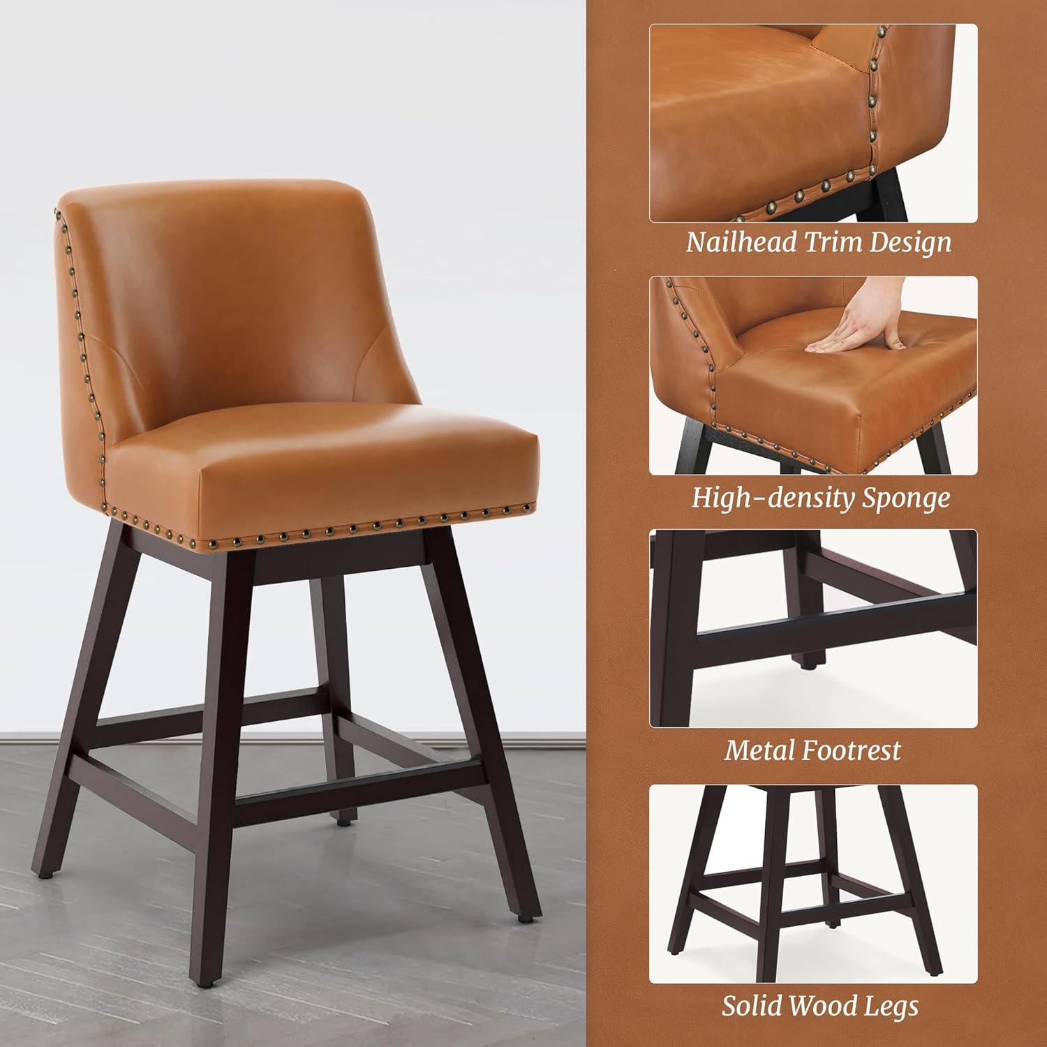 26 Inch Brown Faux Leather Swivel Counter Stools with Wood Legs