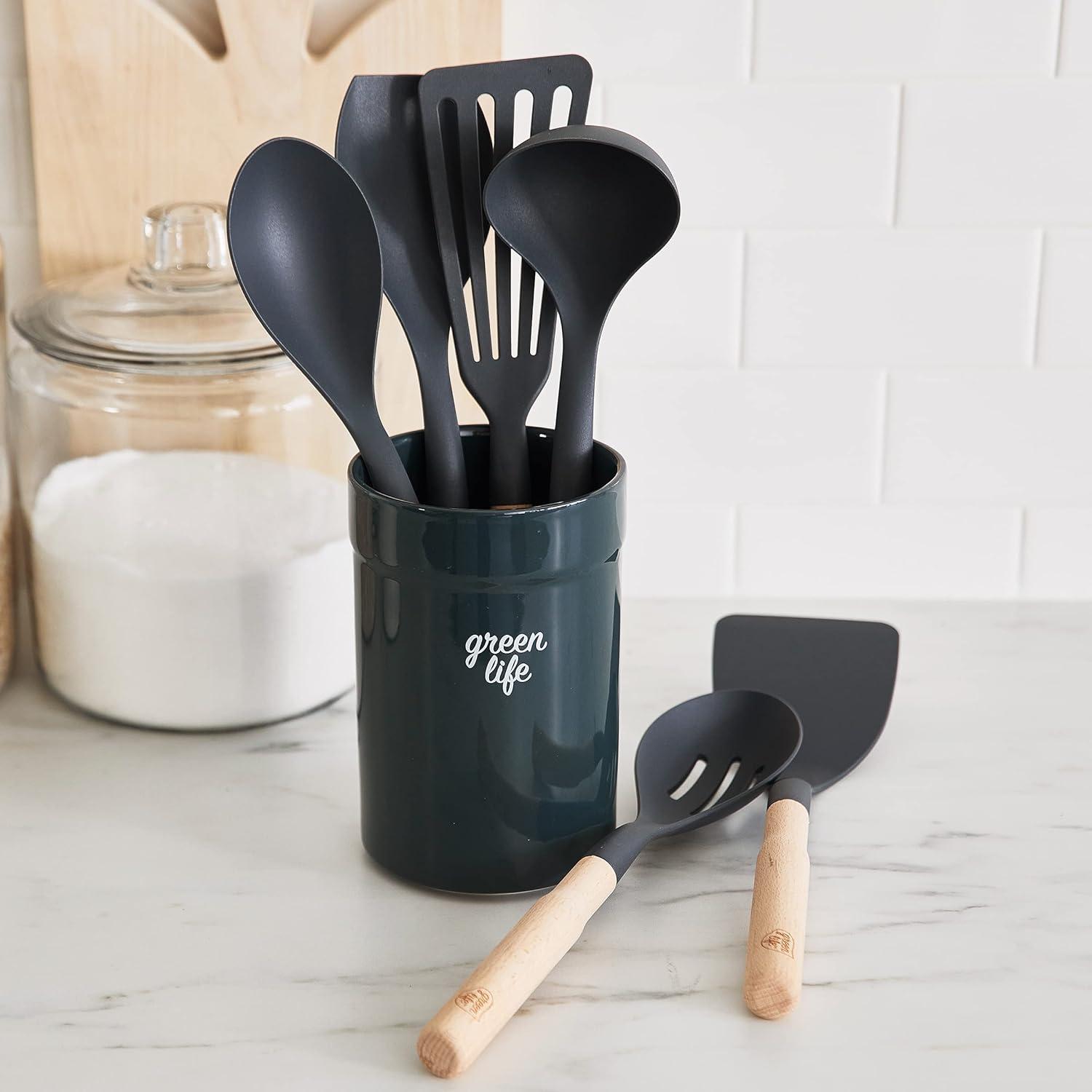 Black Nylon and Wood 7-Piece Cooking Utensil Set with Ceramic Holder