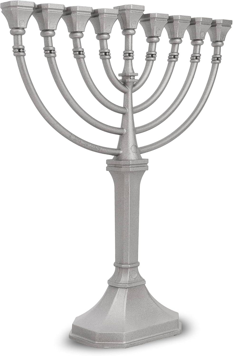 Traditional Classic Hanukkah Menorah - 9.5" Tall Graceful Style Candle Minorah Precision Die Cast Non Tarnish (Satin Silver) By Zion Judaica