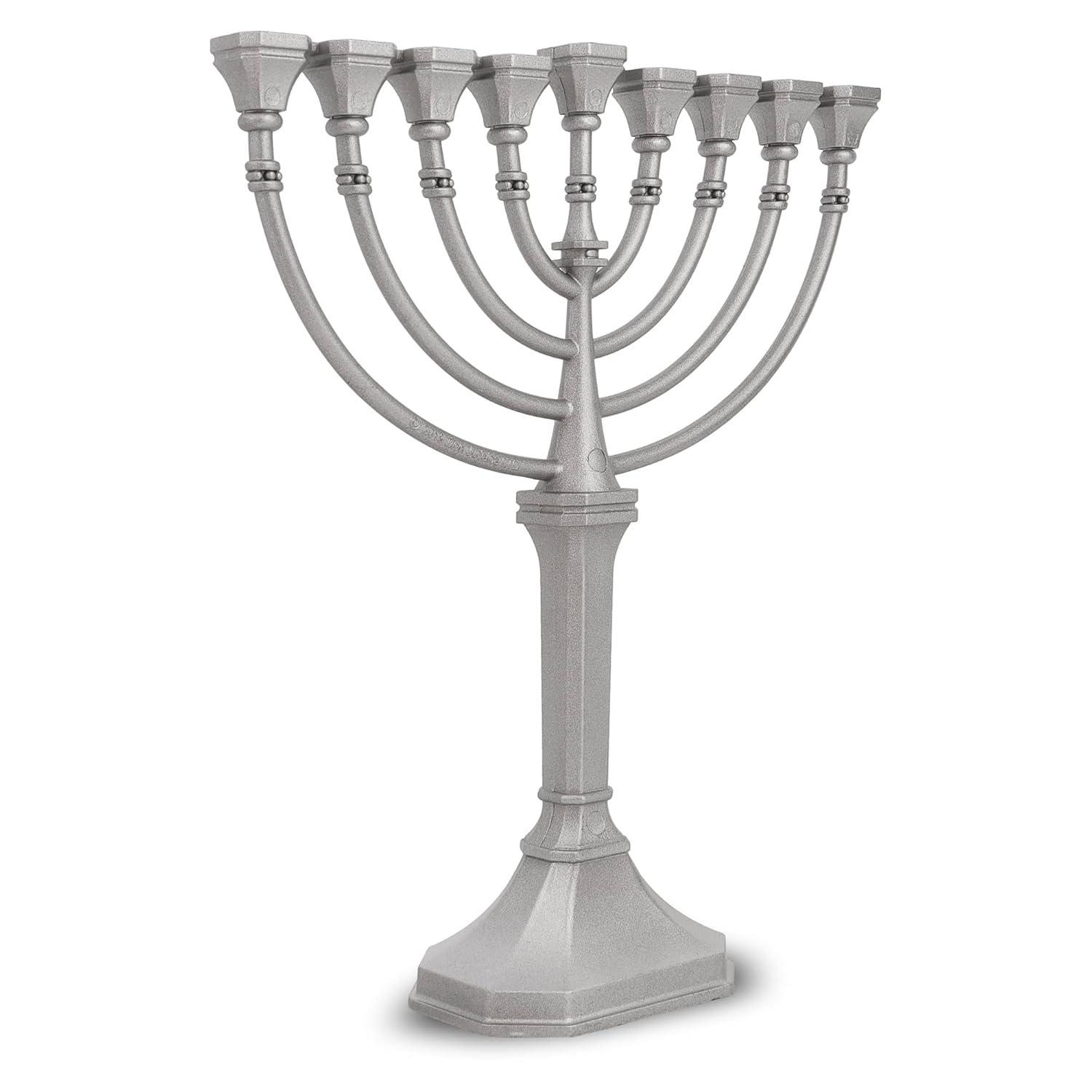 Traditional Classic Hanukkah Menorah - 9.5" Tall Graceful Style Candle Minorah Precision Die Cast Non Tarnish (Satin Silver) By Zion Judaica