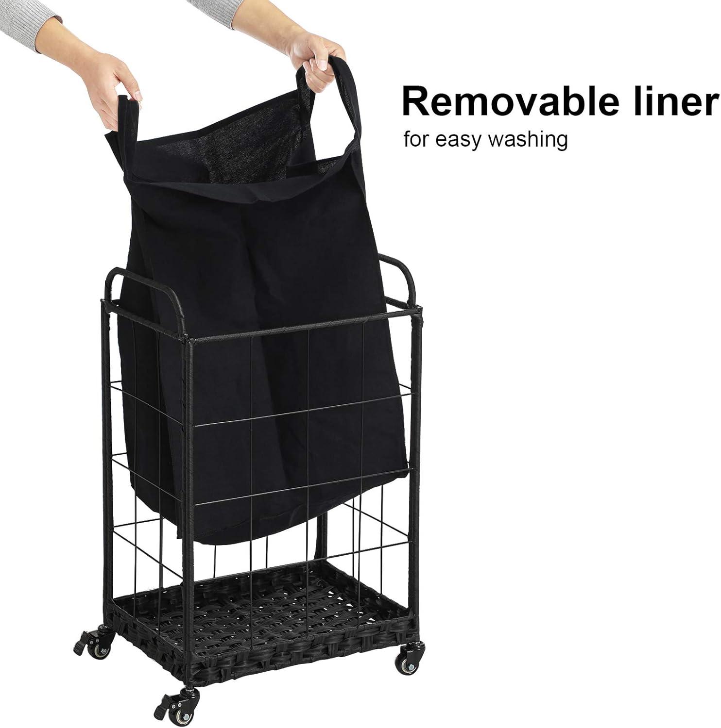 Black Rectangular Rolling Laundry Hamper with Metal Frame