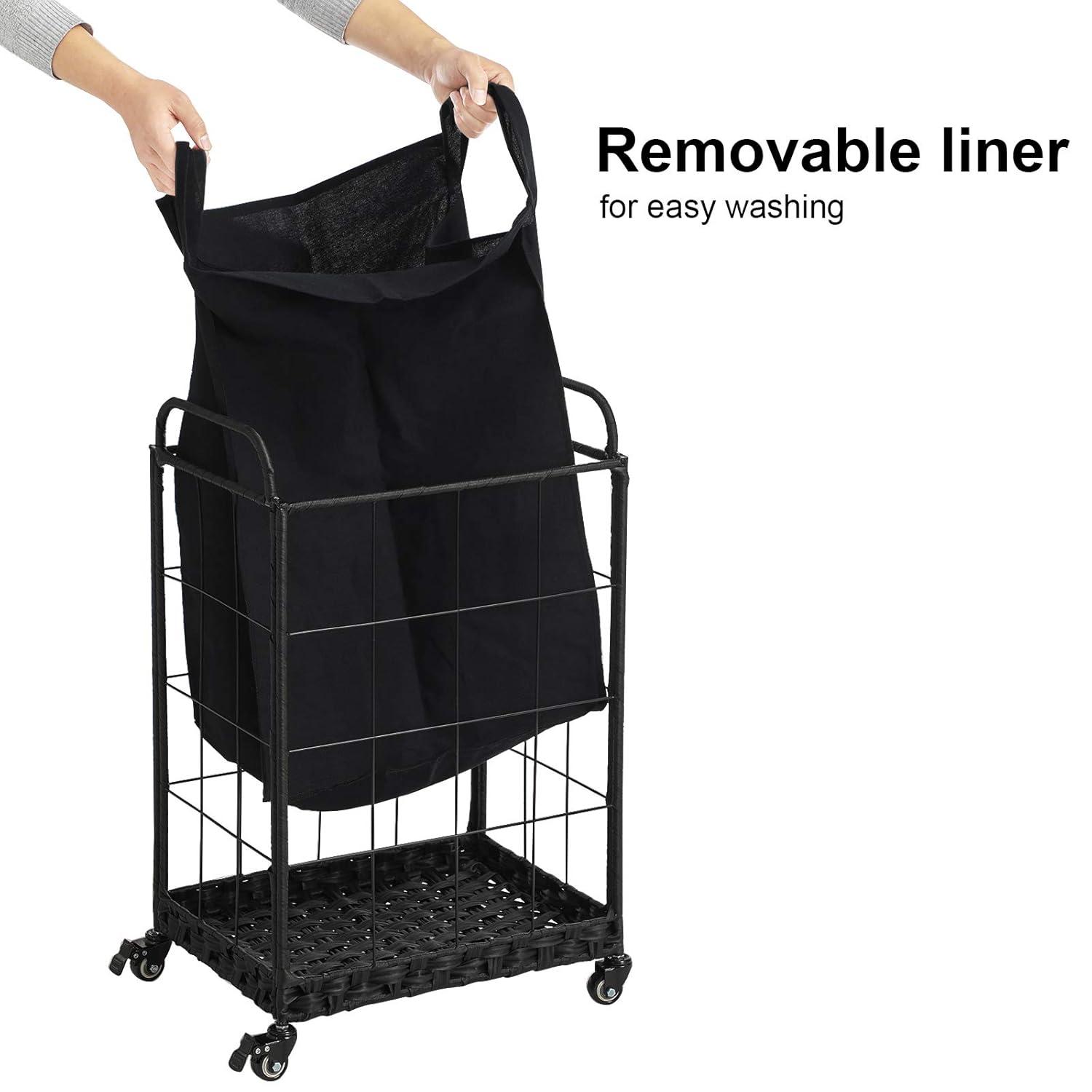 Laundry Hamper with Heavy Duty Rolling Lockable Wheels; Durable Laundry Basket with Detachable Liner Bag; Collapsible Clothes Hamper with Metal Handle (Black)