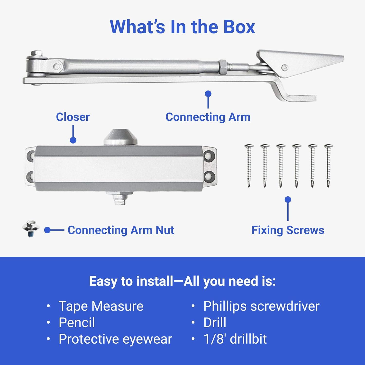 FortStrong FS-1306 Grade 3 Spring Hydraulic Door Closer with Mounting Hardware, Adjustable, Automatic, Silver
