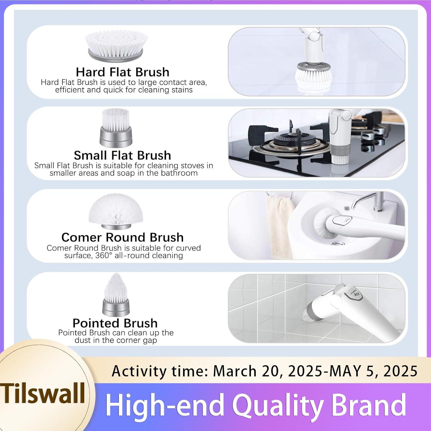 Tilswall Cordless Electric Spin Scrubber - IPX7 Waterproof Cleaning Brush with 180Min Runtime & 43" Extendable Handle, Ideal Gift for Home/Bathroom/Car (Includes 4 Brush Heads)