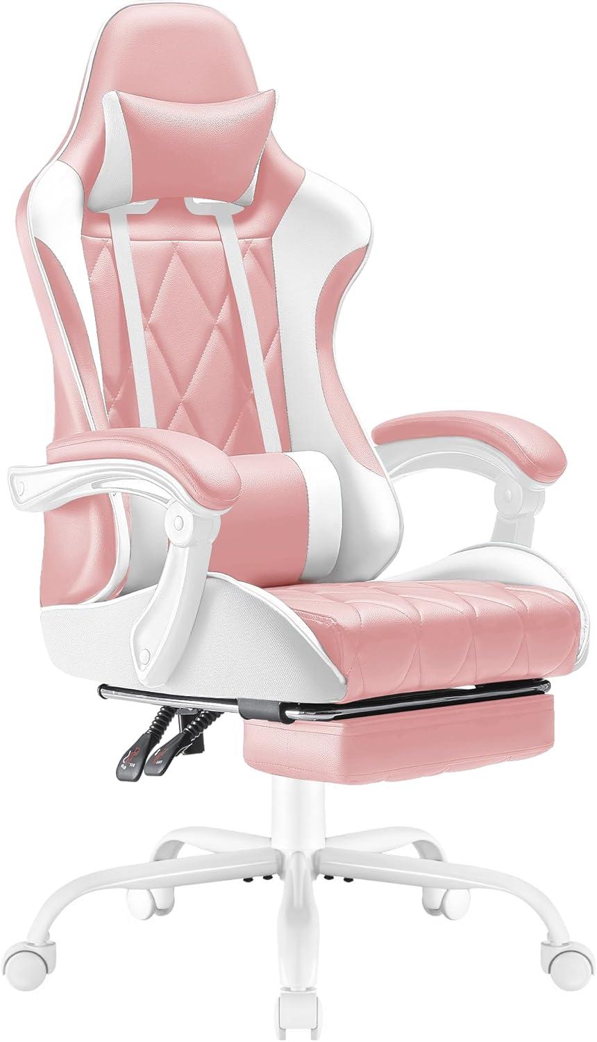 Pink and White Ergonomic Faux Leather Gaming Chair with Footrest