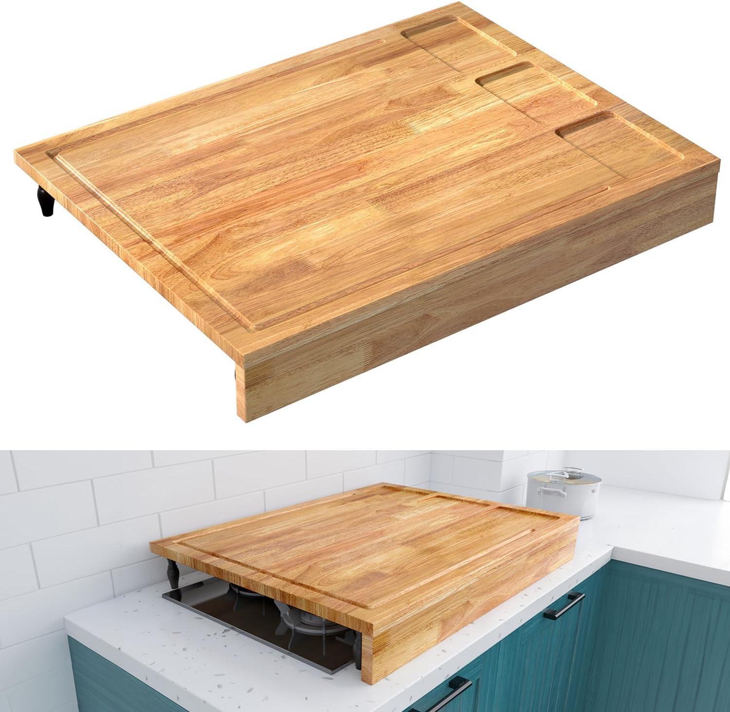 32x23.5inches Extra Large Solid Wooden Cutting Board and Stovetop Cover, 2 in 1 Stove Top Cover Chopping Board with Detachable Legs and Juice Groove, Sink Cover Board for Restaurant Kitchen Countertop