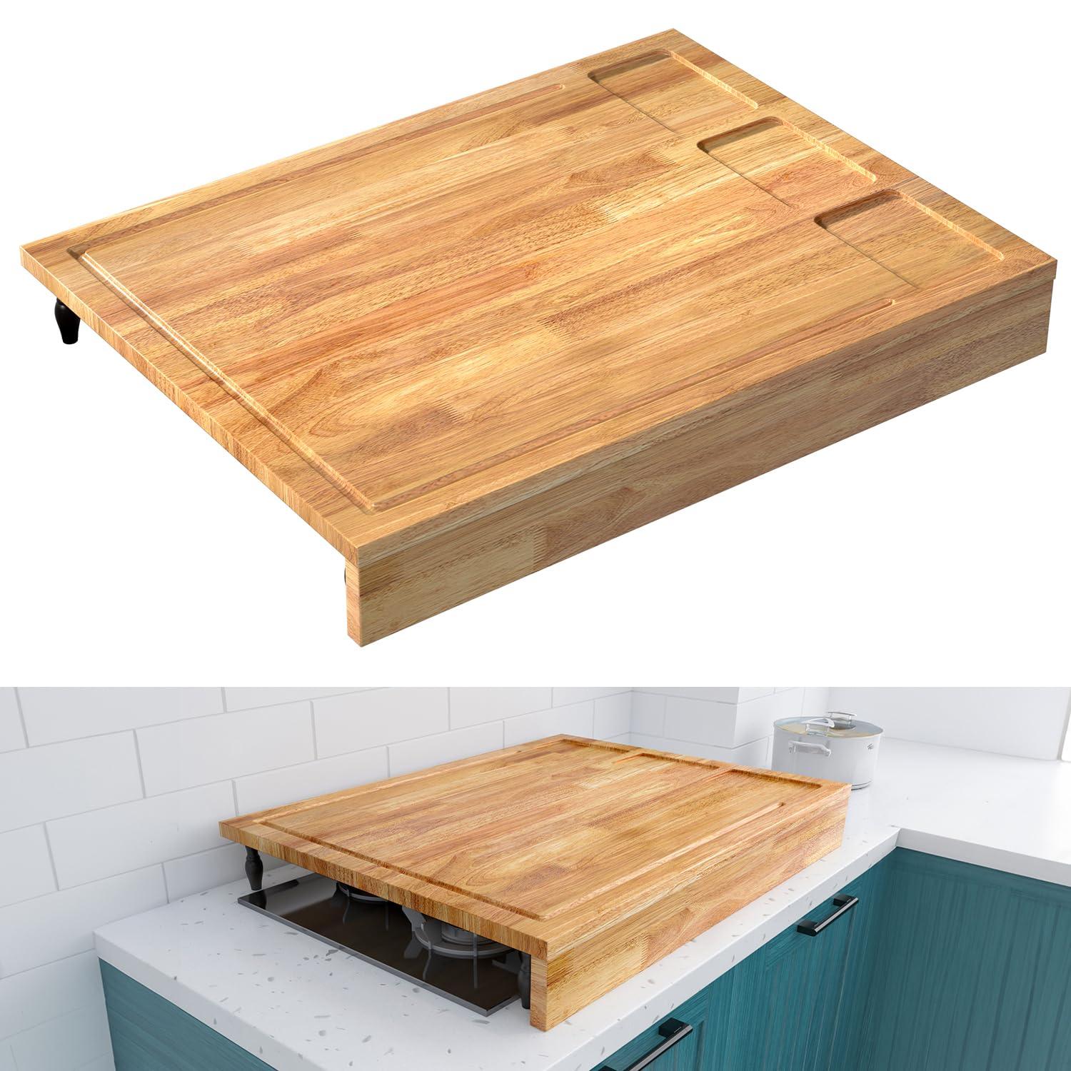 32x23.5inches Extra Large Solid Wooden Cutting Board and Stovetop Cover, 2 in 1 Stove Top Cover Chopping Board with Detachable Legs and Juice Groove, Sink Cover Board for Restaurant Kitchen Countertop