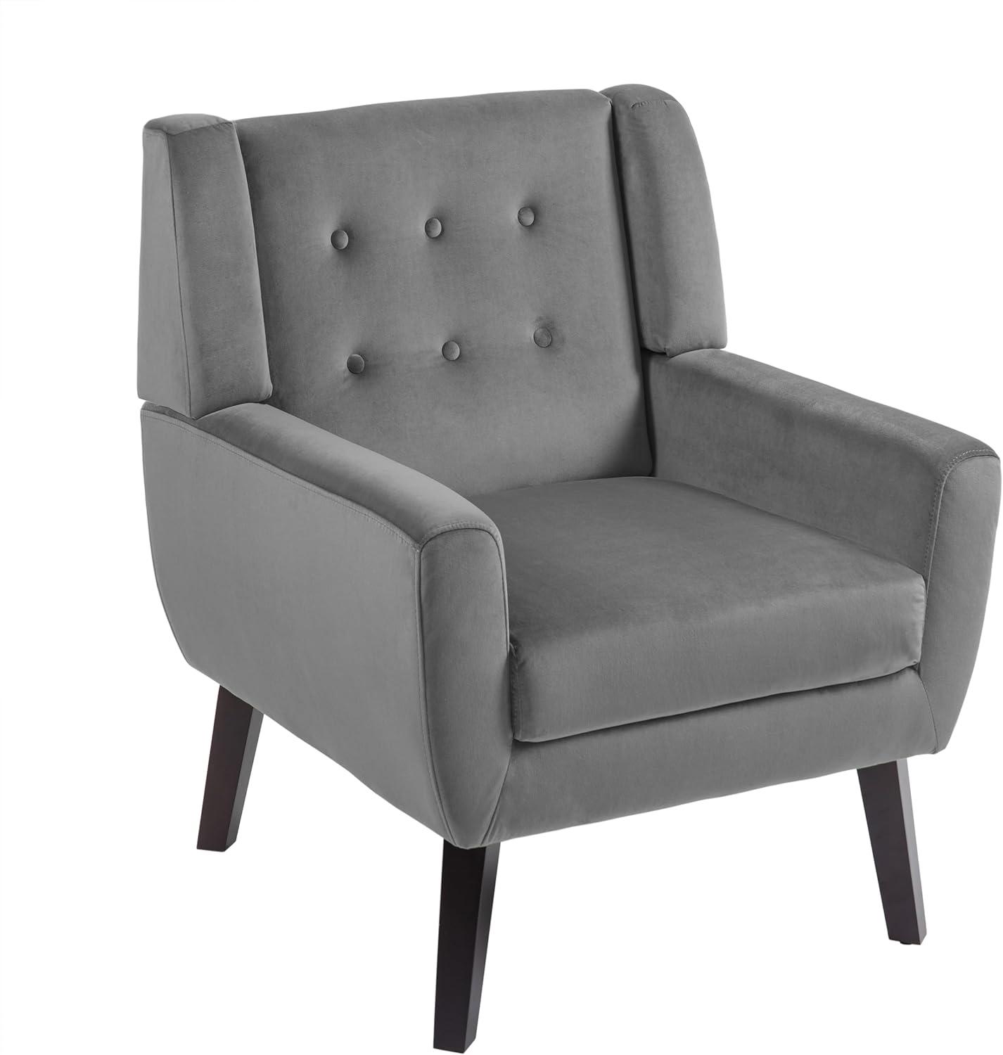 Gray Velvet Upholstered Accent Chair with Wooden Legs