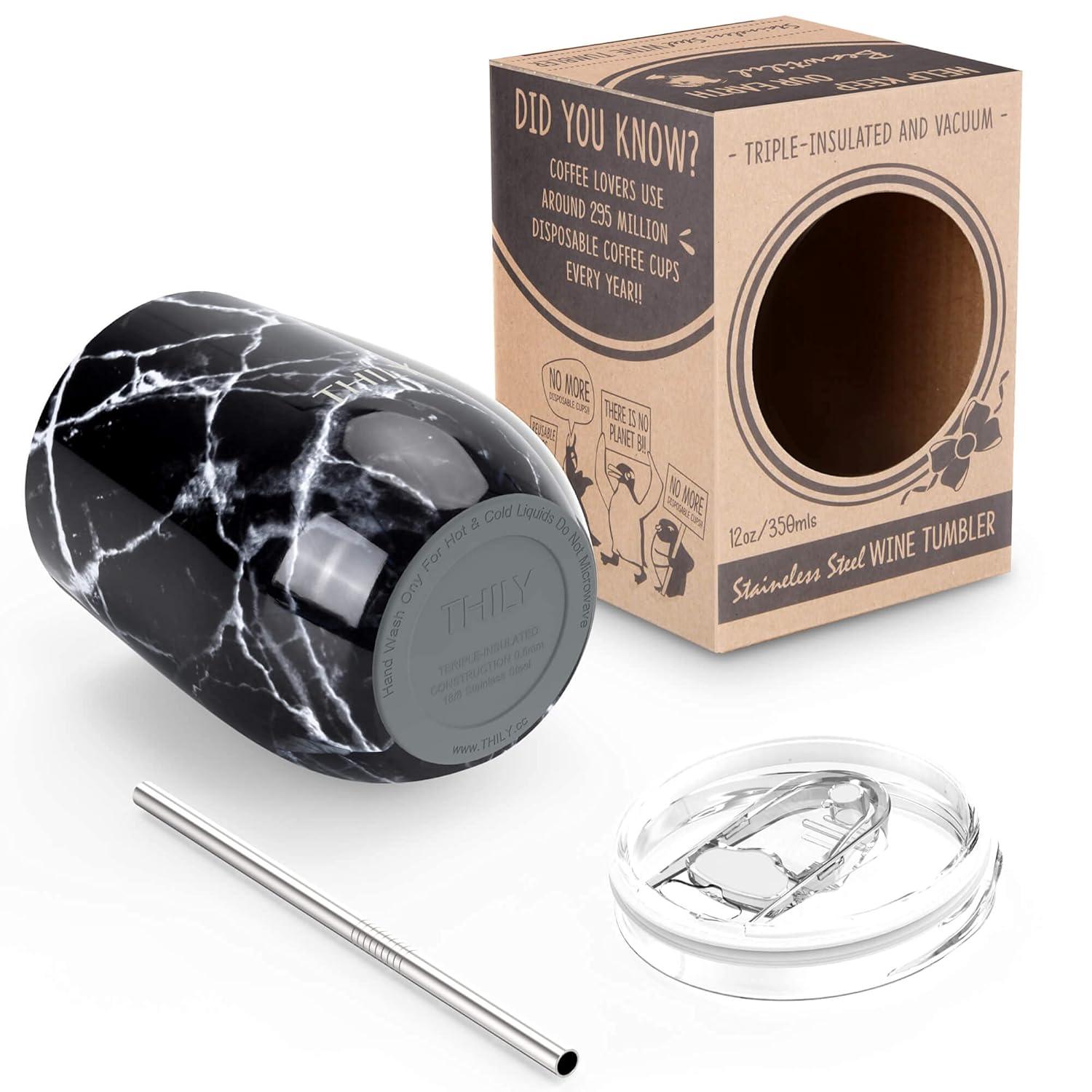 Wine Tumbler Vacuum Insulated Stemless - THILY 12 oz Triple-Insulated Stainless Steel Wine Glass with Lid and Straw, Cute Travel Cup Keep Cold or Hot for Coffee, Cocktails, Wood Grain