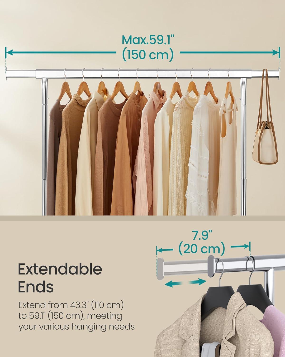 300lb Clothing Rack Heavy Duty Clothes Rack on Wheels Garment Rack Rolling Coat Rack for Bedroom Living Room Silver