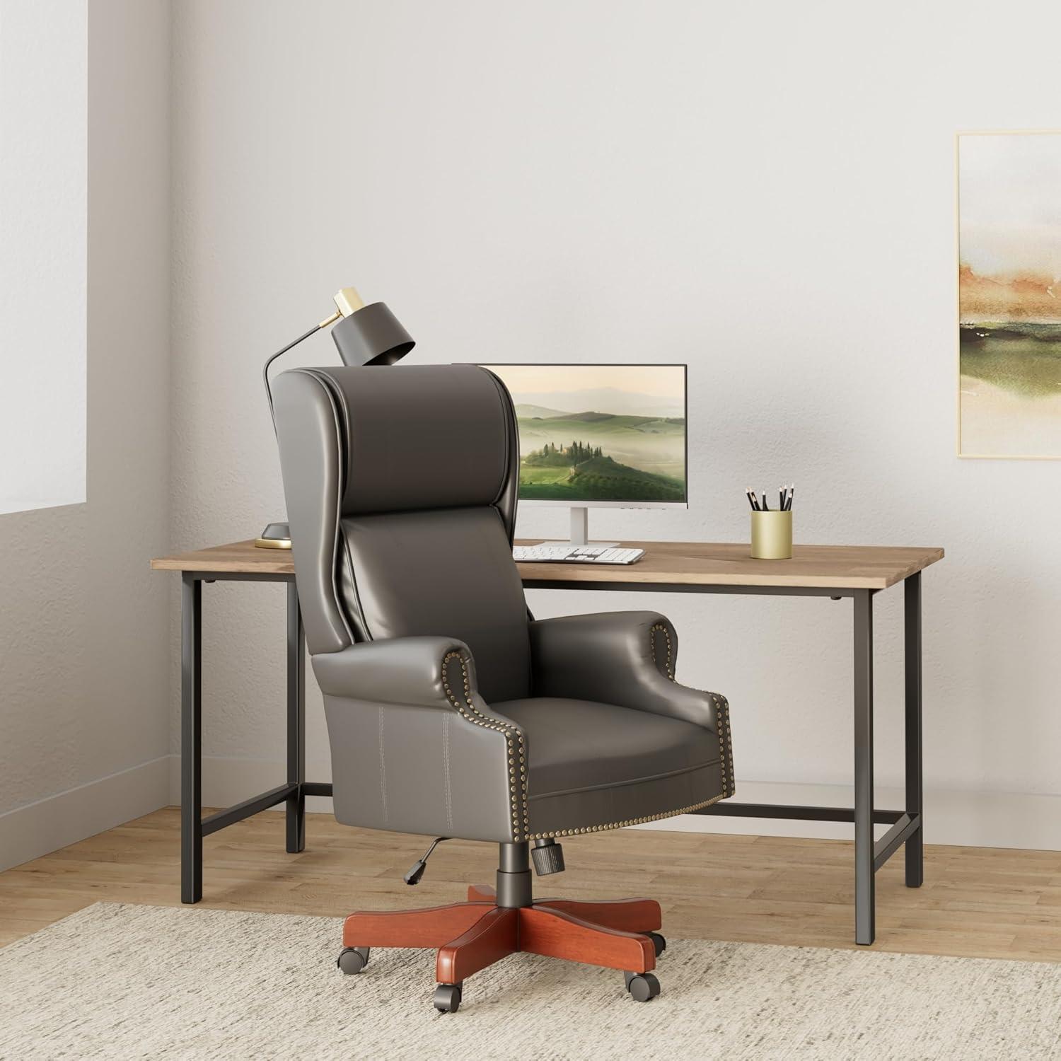 Traditional High Back Executive Chair in Black Leather with Brass Accents