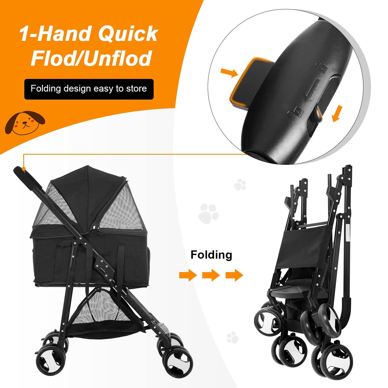 Foldable Pet Stroller with Detachable Carrier