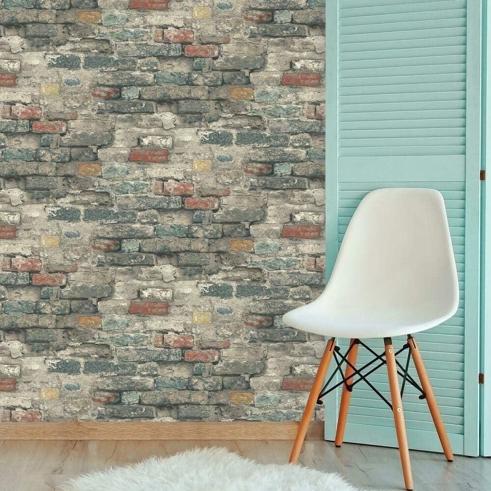 RoomMates Brick Alley Blue Peel and Stick Wallpaper: Industrial Vinyl, Self-Adhesive, Classic Brick Pattern, 28.18 Sq Ft Coverage