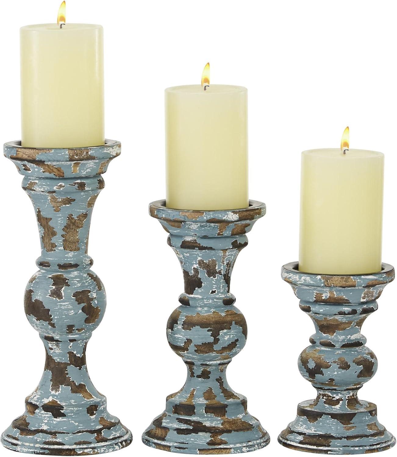 DecMode 3 Candle Light Blue Wood Candle Holder, Set of 3