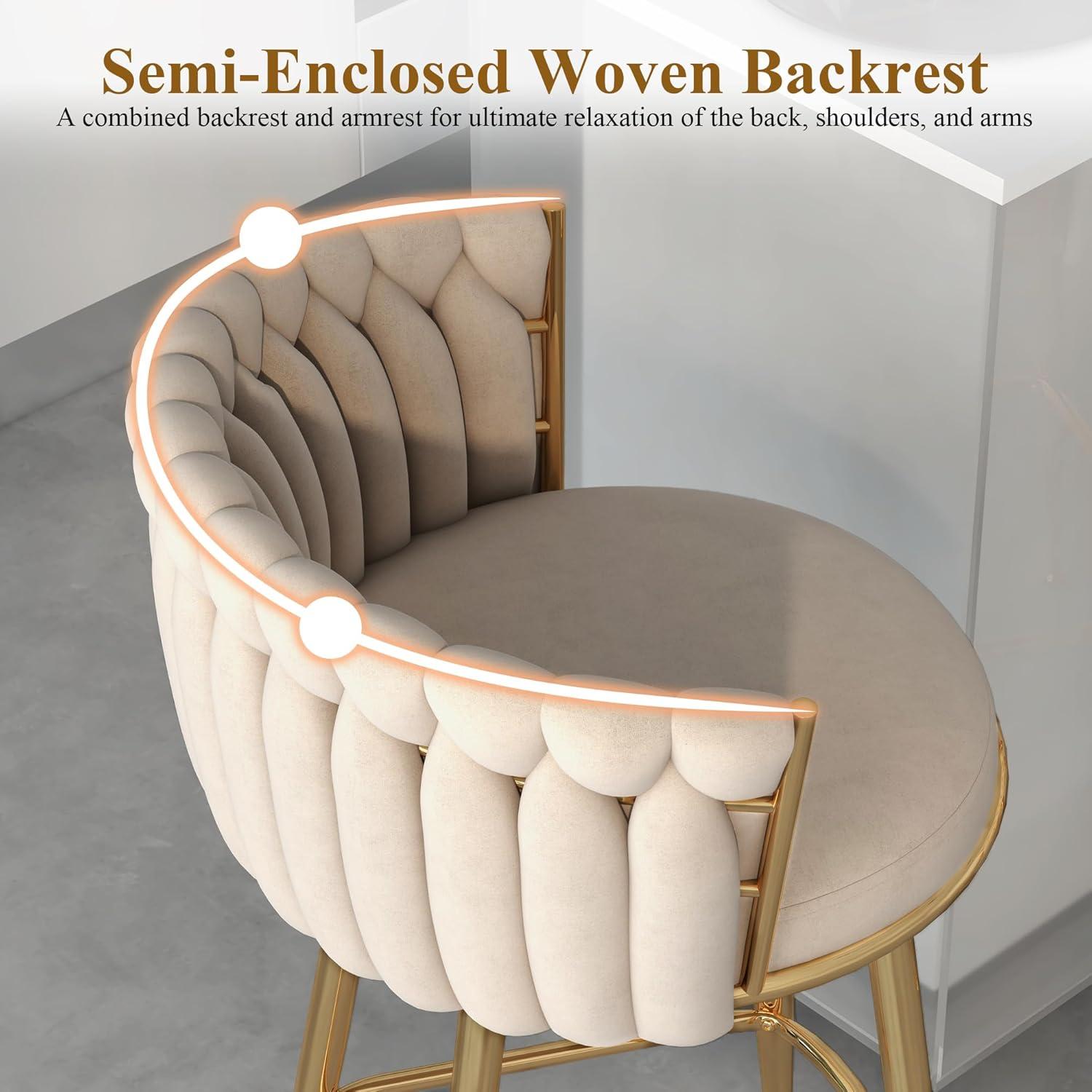 Counter Height Stools Set of 2, Velvet Bar Stools with 27 Inches Upholstered Seat Height, Handmade Woven Back Armrest, Sturdy Golden Metal Legs for Home Dining Pub Kitchen Island, Beige