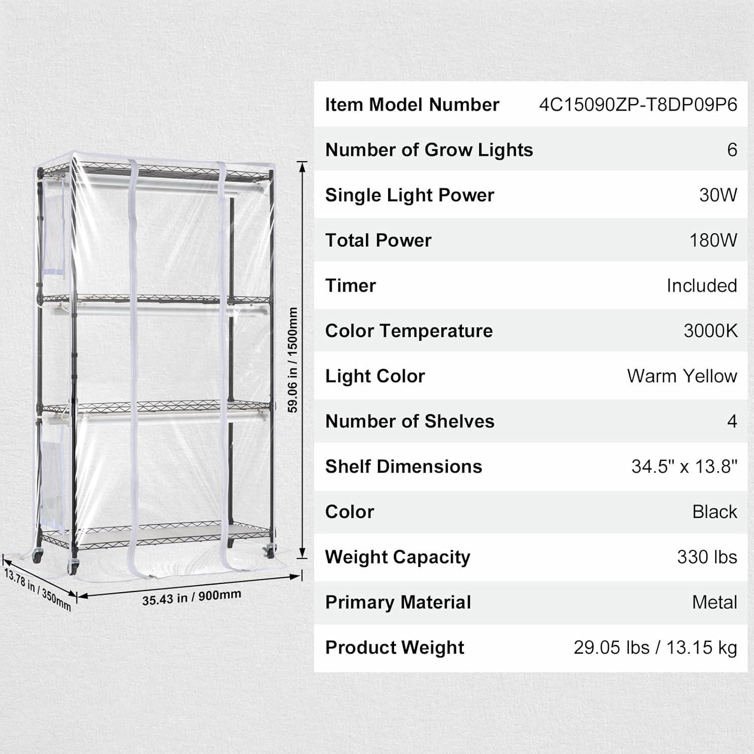 Four-Tier Black Metal Plant Stand with Grow Light and Cover