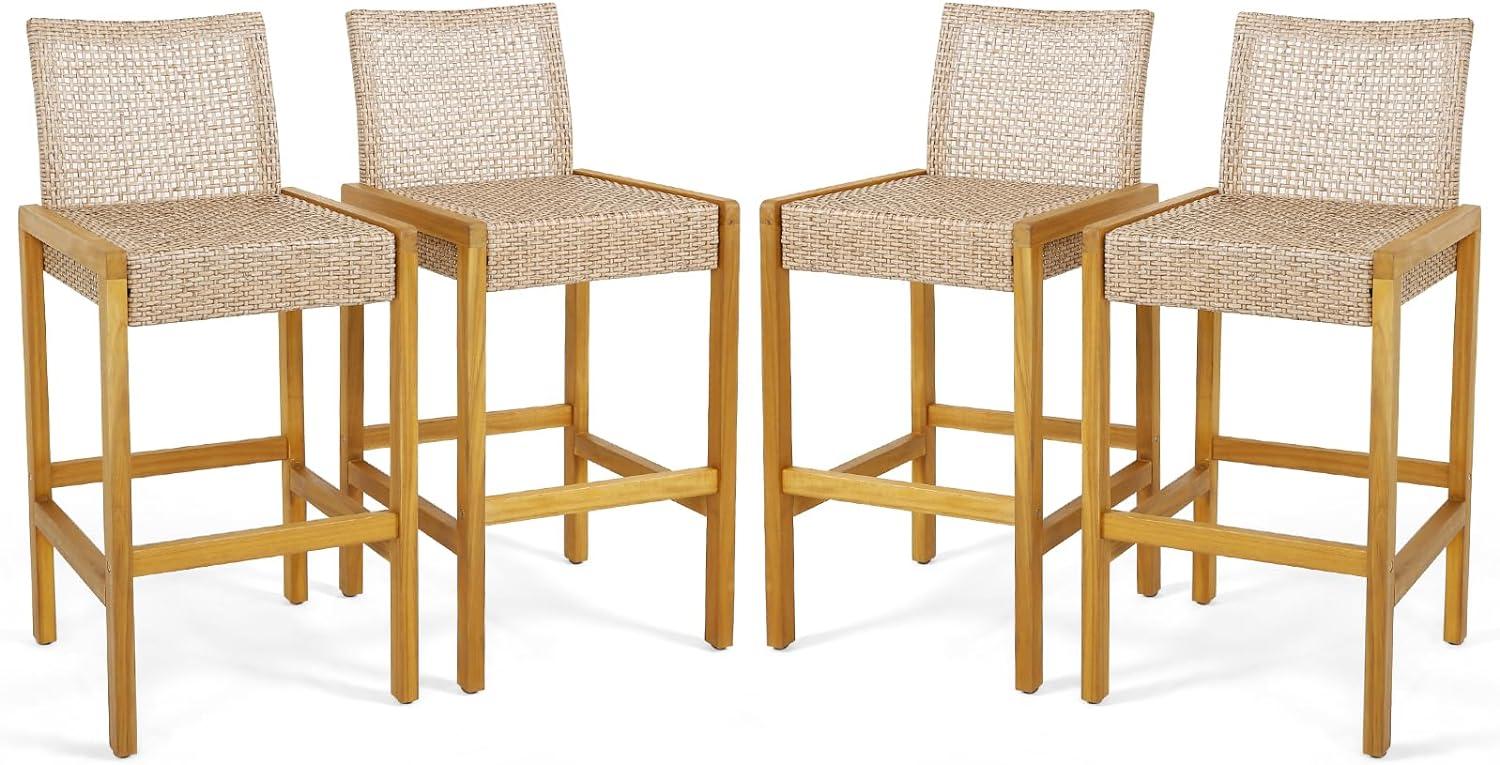 Costway Set of 4 Patio Wood Barstools Rattan Bar Height Chairs with Backrest Porch Balcony