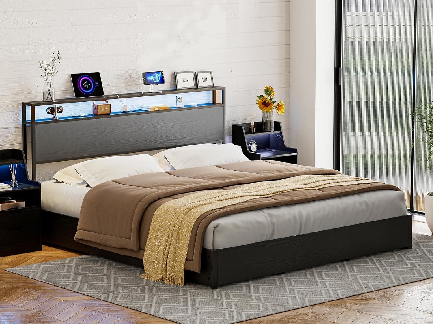 Ivy Bronx Kaiwei Storage Headboard With Led Lights & Charging Station - Industrial Metal And Wood
