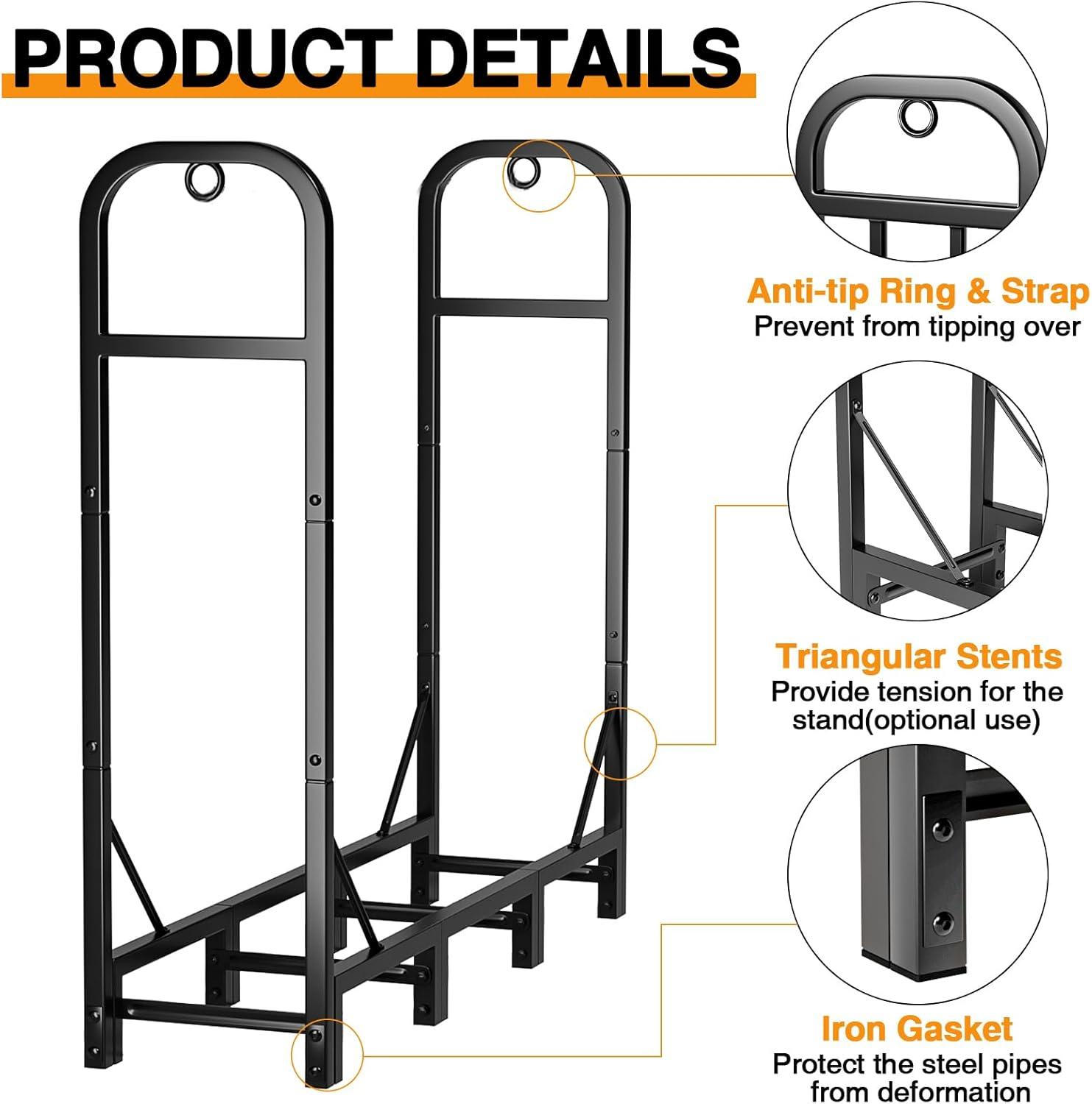 4 ft. Black Heavy Duty Metal Firewood Rack Stand