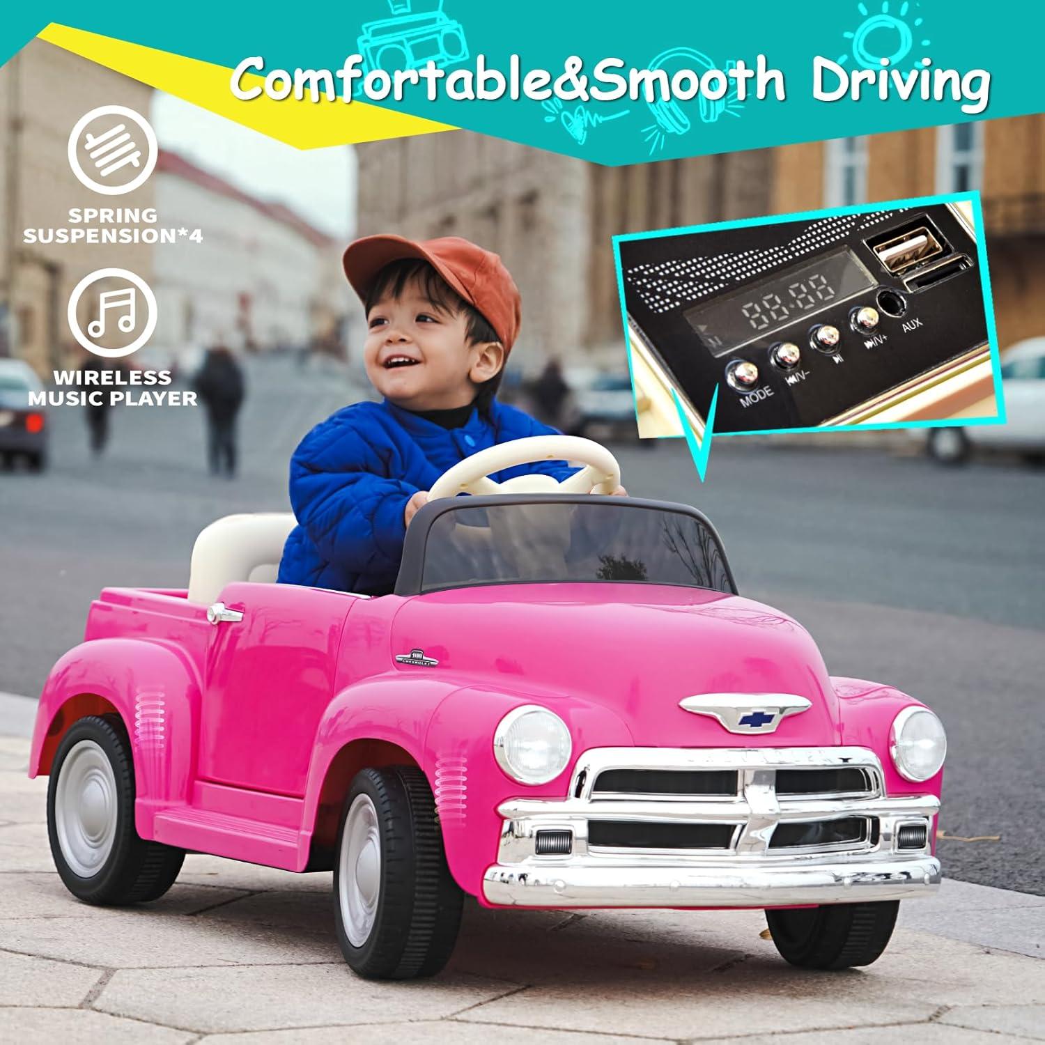 Joywhale 12V Kids Ride on Car Licensed Chevrolet 3100 Pickup Battery Powered Motorized Electric Car, with 7AH Big Battery, 2.4G Remote Control, 3-Speeds, Storage Space, Music, Retro Style, Black